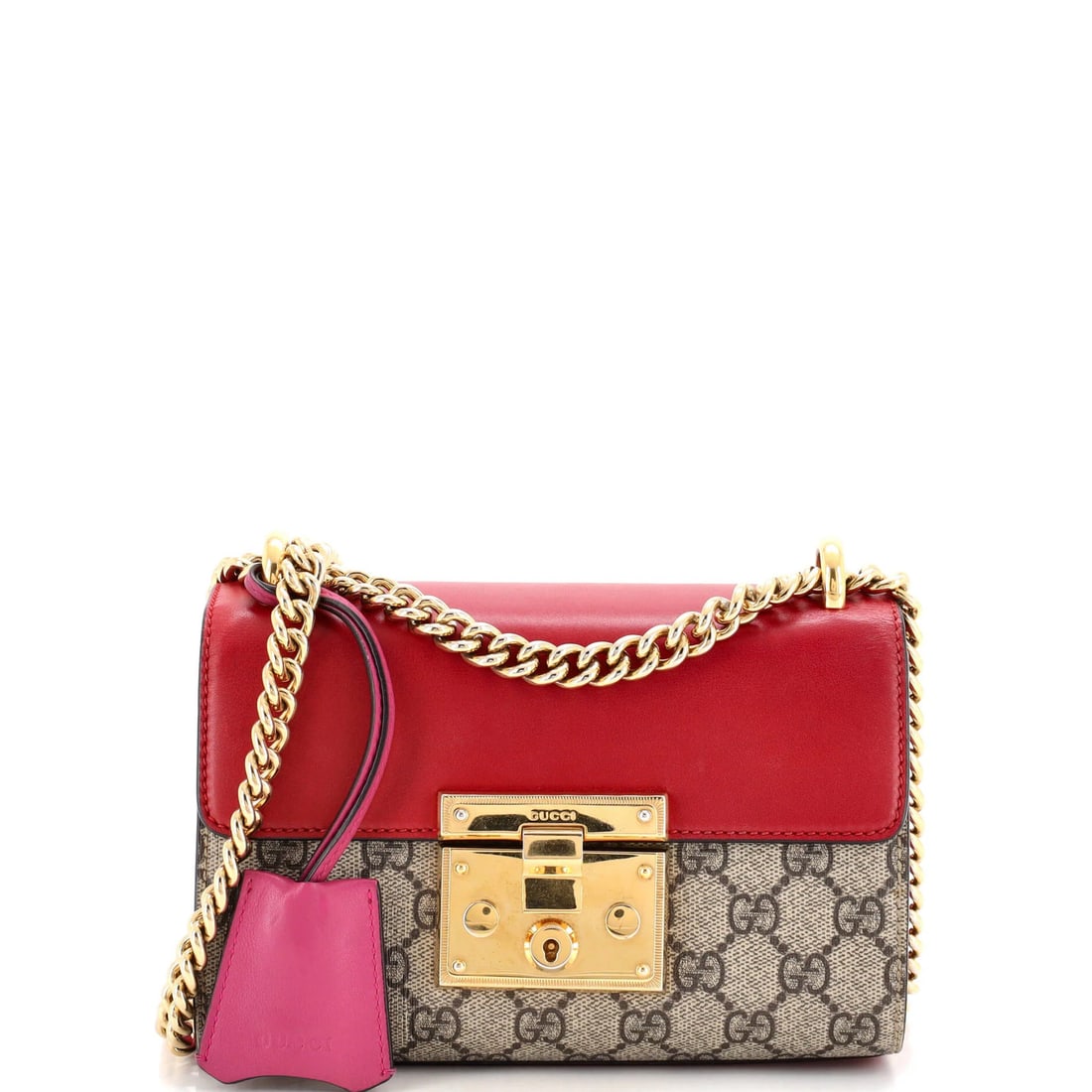Gucci Padlock Bag Small Canvas Leather Coated GG: Gucci Padlock Bag Small Canvas Leather Coated GG Small canvas leather coated GG Padlock shoulder bag from Gucci, featuring a bold red exterior with minor scuffs and creases. The bag's interior is