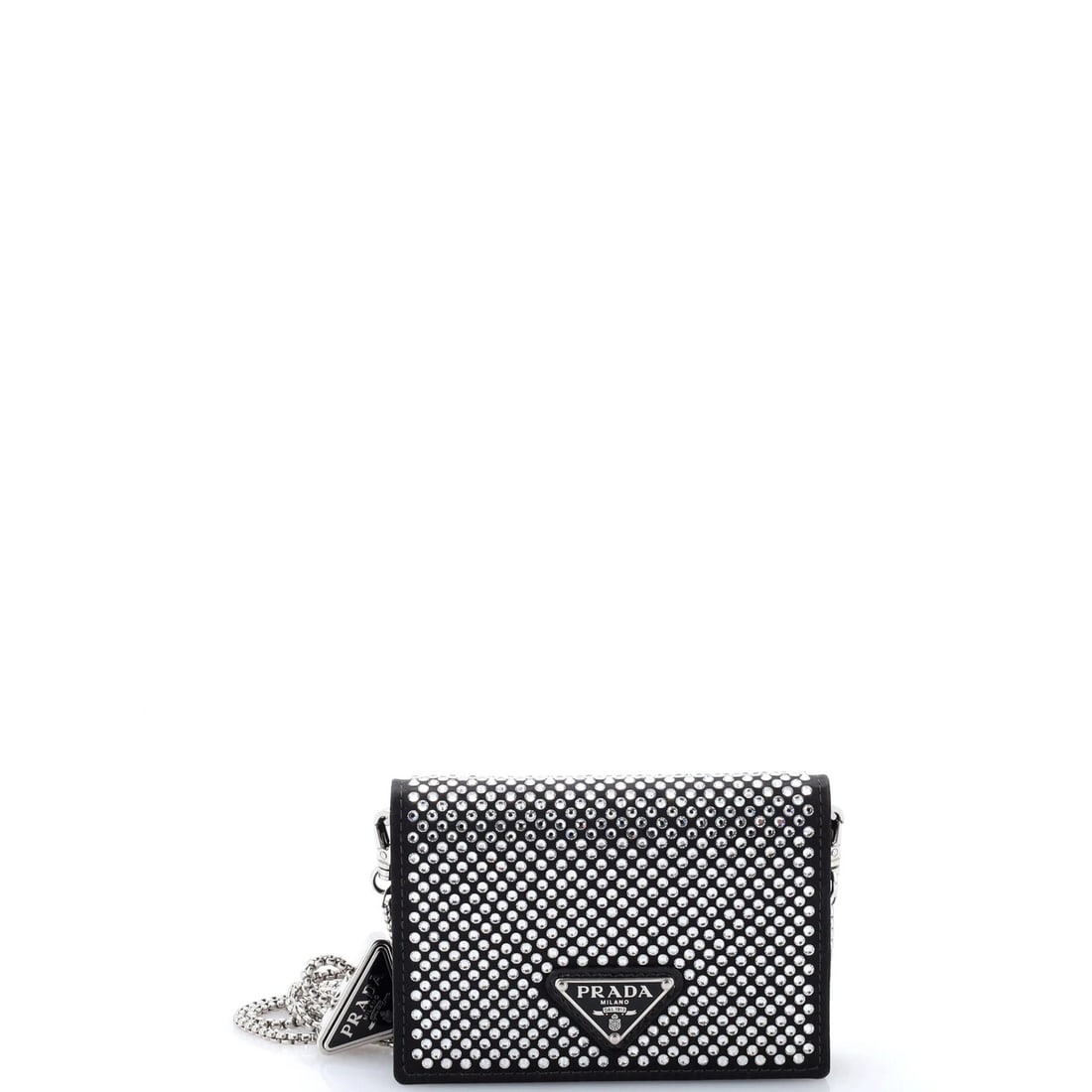 Satin with Chain Crystals Flap Card Holder: Satin with Chain Crystals Flap Card Holder Satin with Chain Crystals Flap Card Holder in Black features a sleek design with crystal and satin materials, a silver chain strap, and a signature. The exte