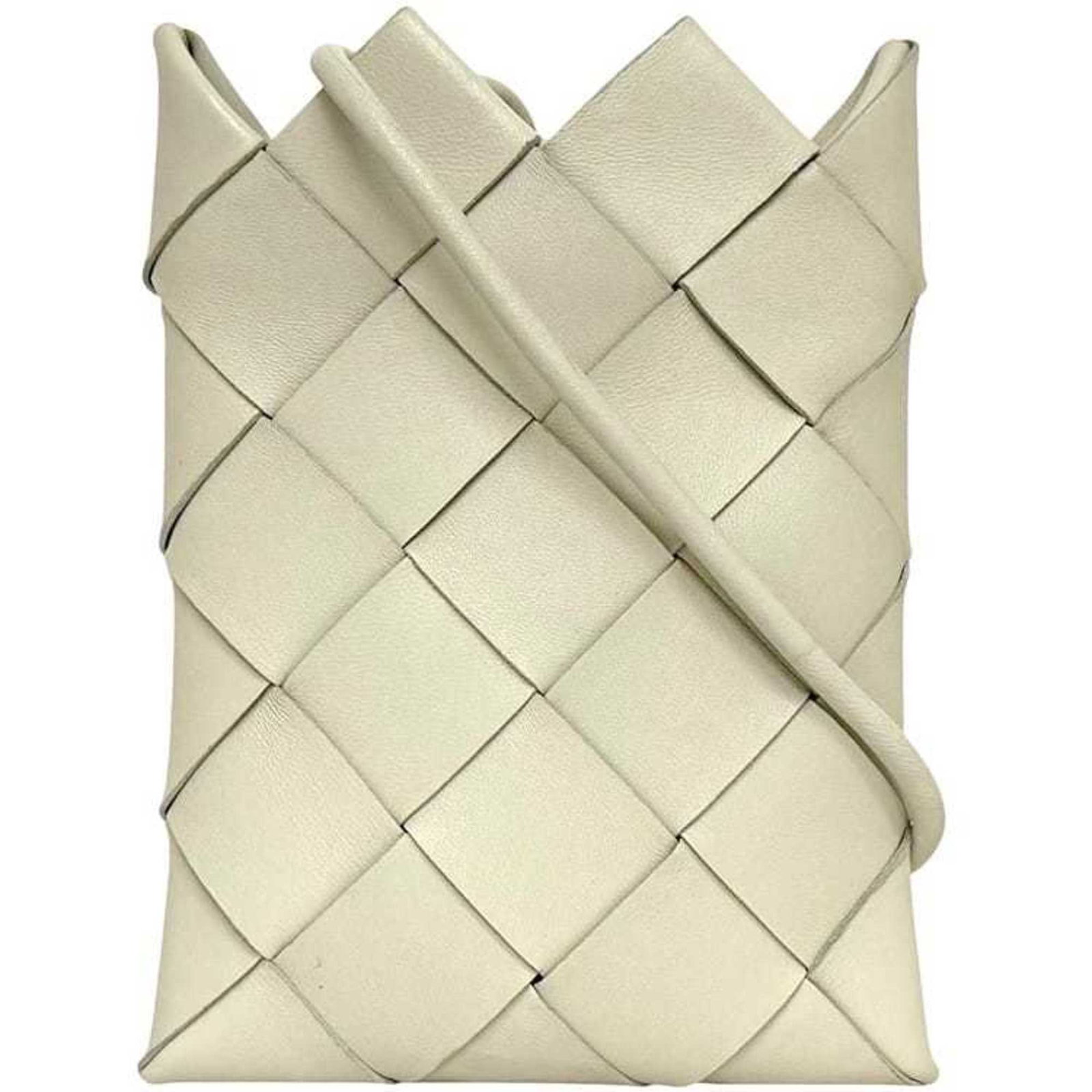 Shoulder Bag Leather Pochette Bottega Veneta: Shoulder Bag Leather Pochette Bottega Veneta White leather shoulder bag with Intrecciato design, measuring 16.6cm x 12.5cm x 2.5cm, features a 105cm strap length and comes with a box and dust bag. Thi
