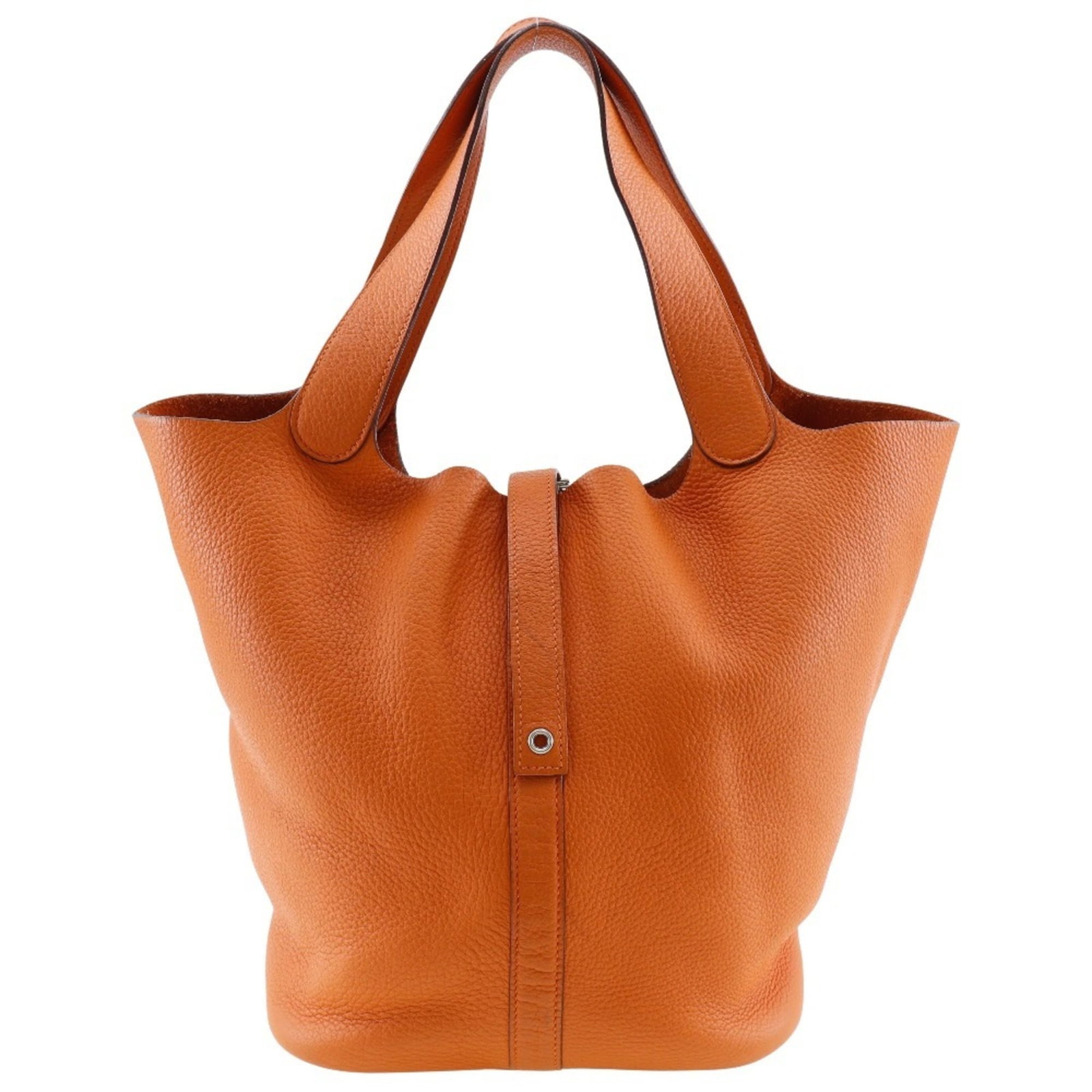 Clemence Leather Handbag Taurillon Hermes: Clemence Leather Handbag Taurillon Hermes Taurillon clemence leather handbag from Hermes, featuring a vibrant orange color and a unique size of 26cm x 21cm x 26cm. This stylish bag boasts a distinctiv