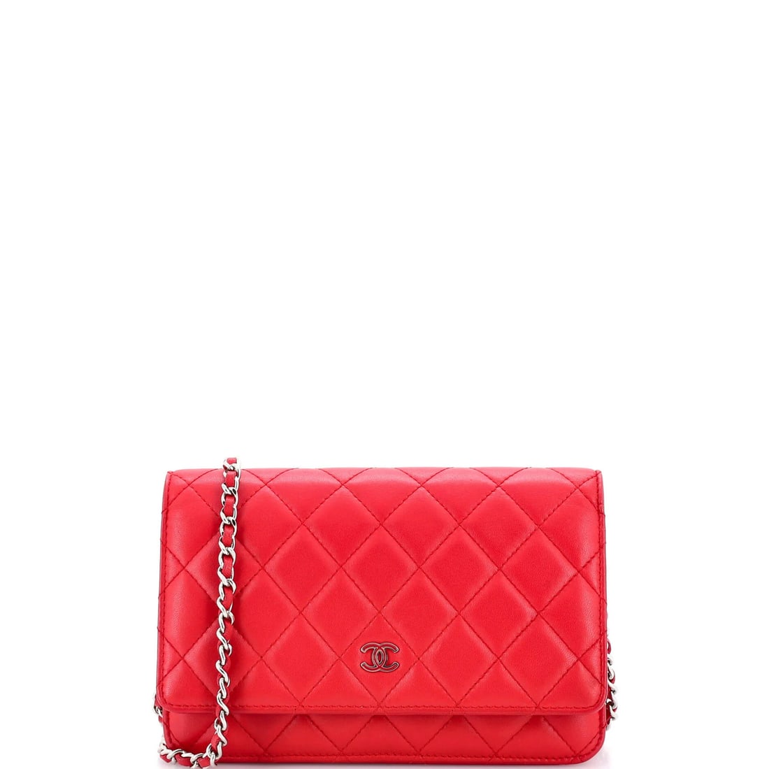Lambskin Quilted Chain Wallet Chanel: Lambskin Quilted Chain Wallet Chanel Red quilted lambskin exterior, a distinctive feature of this Chanel Wallet on Chain, adds a touch of elegance to any outfit. The wallet's interior is made of fabri