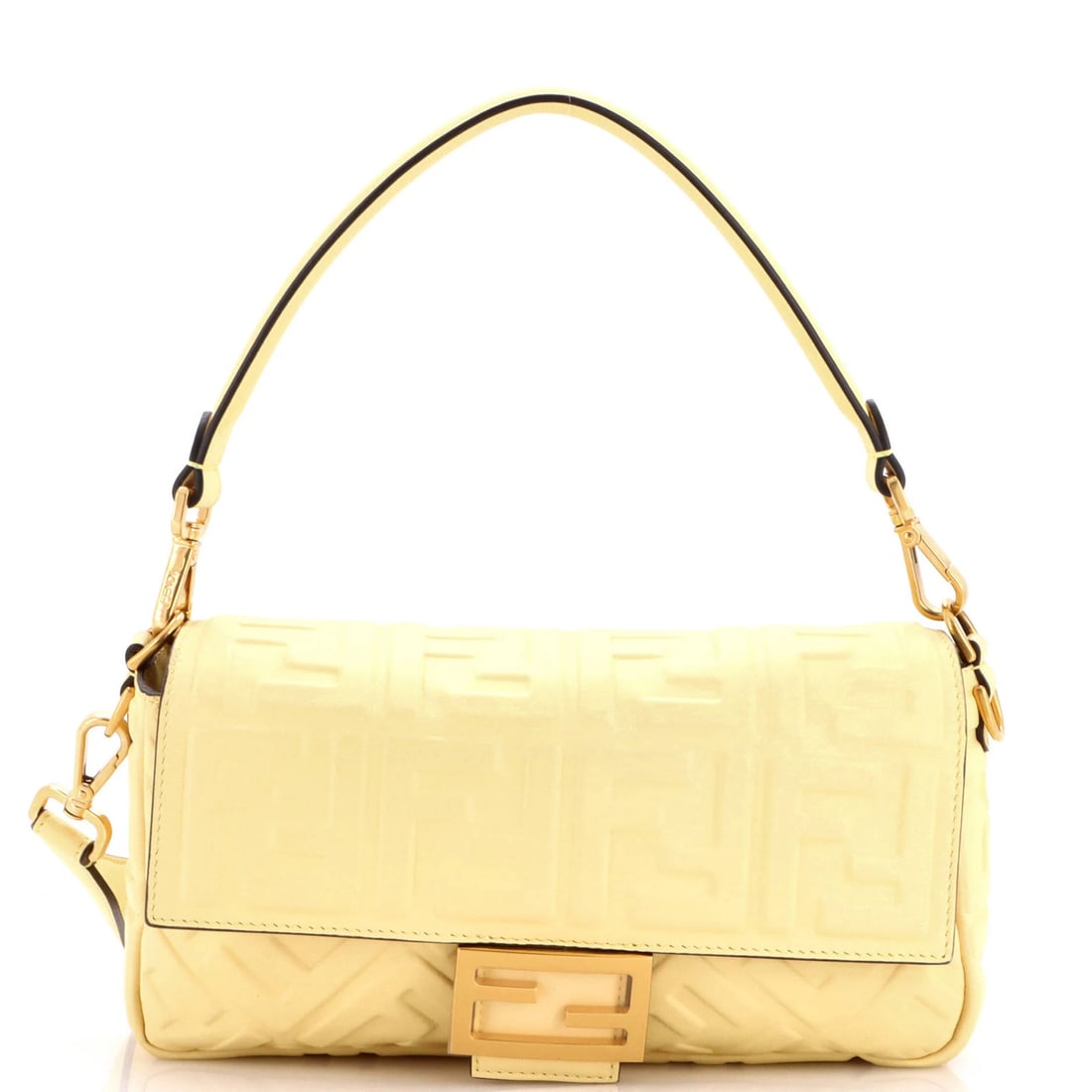Fendi Baguette Medium NM Zucca Embossed Leather Bag: Fendi Baguette Medium NM Zucca Embossed Leather Bag The Fendi Baguette Medium NM Zucca Embossed Leather Bag boasts a vibrant yellow exterior with a unique Zucca embossed leather design, adding a touch