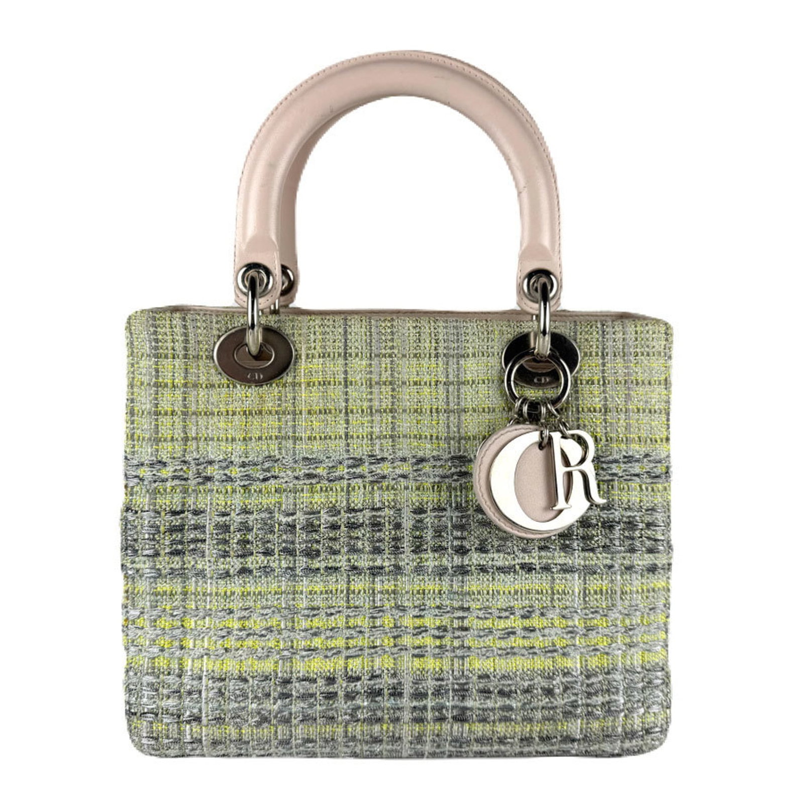 Handbag Tweed Leather Shoulder Dior Christian: Handbag Tweed Leather Shoulder Dior Christian Tweed and leather come together in this unique shoulder bag from Christian Dior, crafted in Italy. The bag features a distinctive green and pink beige