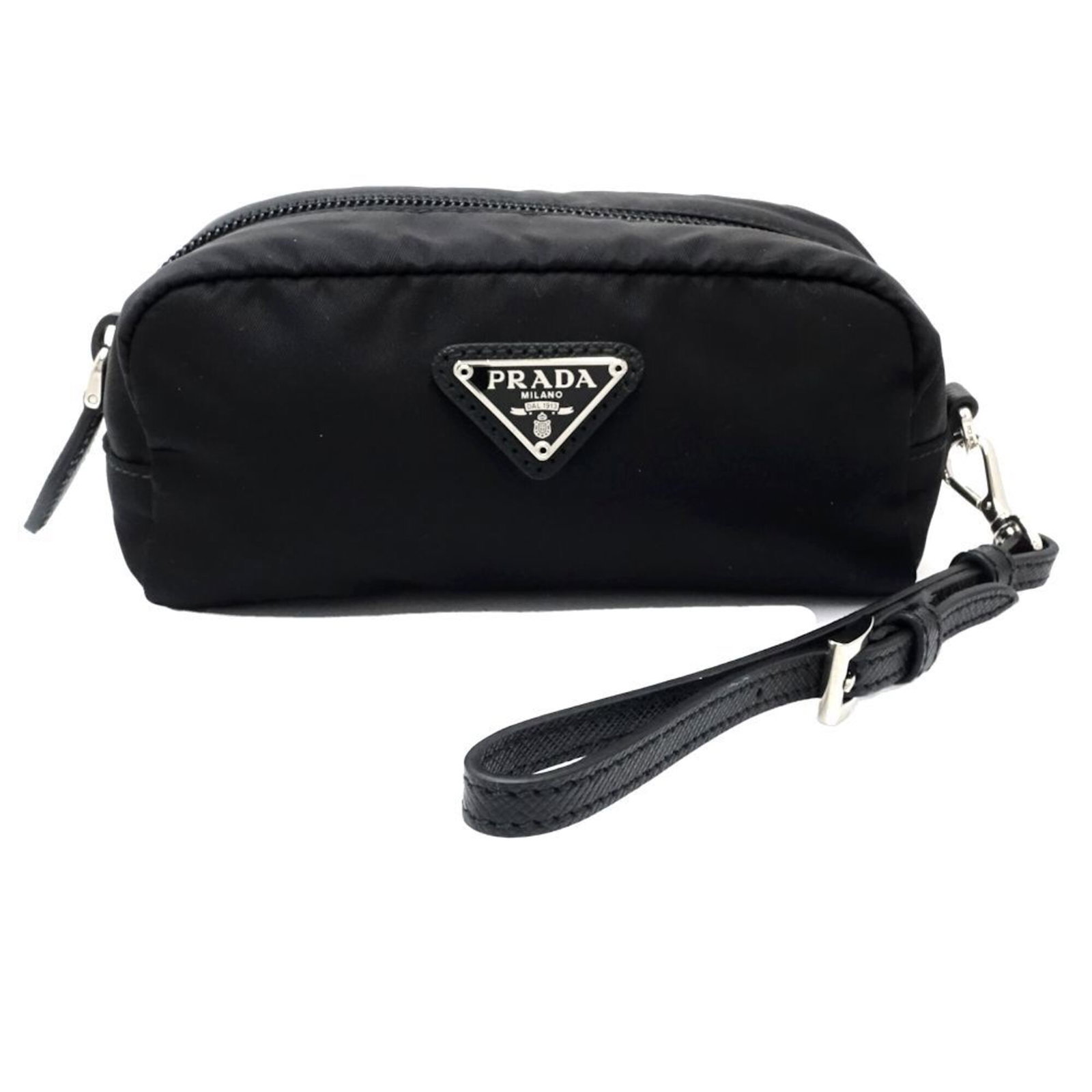 Nylon Prada Pouch: Nylon Prada Pouch This black nylon Prada pouch features a sleek design and RFID technology, making it a practical and secure accessory. Measuring 7cm x 15cm x 6cm, it is a compact and stylish addition