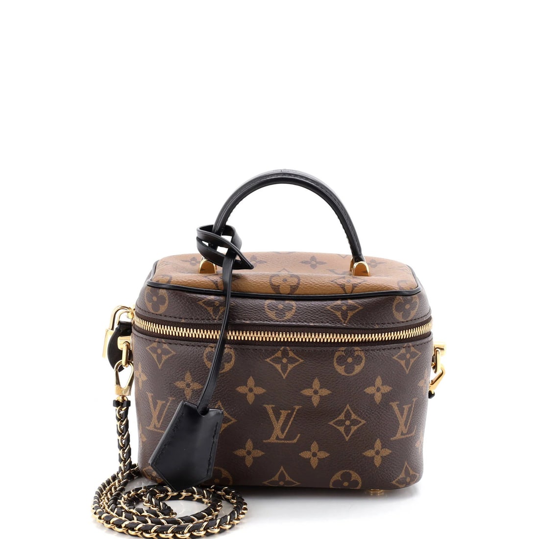Vanity Handbag Canvas Monogram Reverse Louis Vuitton: Vanity Handbag Canvas Monogram Reverse Louis Vuitton Brown Louis Vuitton Canvas Reverse Monogram Vanity Handbag with Top Handle, Keys Clochette, and Gold Hardware. This canvas-coated PM exterior bag