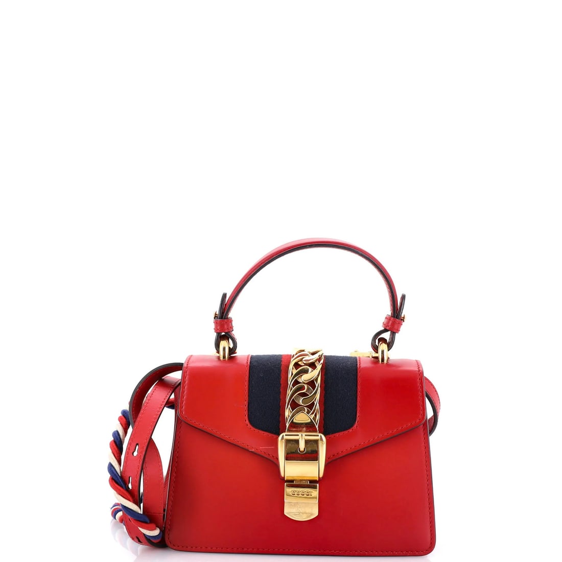 Gucci Sylvie Leather Mini Handle Top Bag: Gucci Sylvie Leather Mini Handle Top Bag The Gucci Sylvie Leather Mini Handle Top Bag features a striking red exterior with a classic top handle design. This mini bag boasts a compact size with a 3.5"