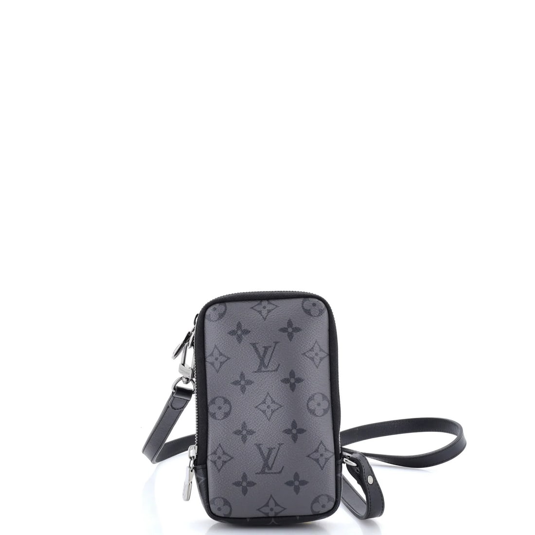 Louis Vuitton Reverse Monogram Eclipse Canvas Double Pouch Phone: Louis Vuitton Reverse Monogram Eclipse Canvas Double Pouch Phone Black Louis Vuitton Reverse Monogram Eclipse Canvas Double Pouch Phone features a sleek design with minor scuffs and creases on the