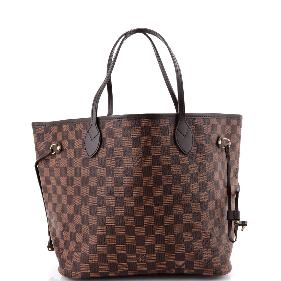 Louis Vuitton Neverfull Damier MM: Louis Vuitton Neverfull Damier MM Brown Louis Vuitton Neverfull Damier MM Tote with Scuffs and Minor Wear. This classic tote features a canvas-coated exterior in a timeless brown Damier print, with a
