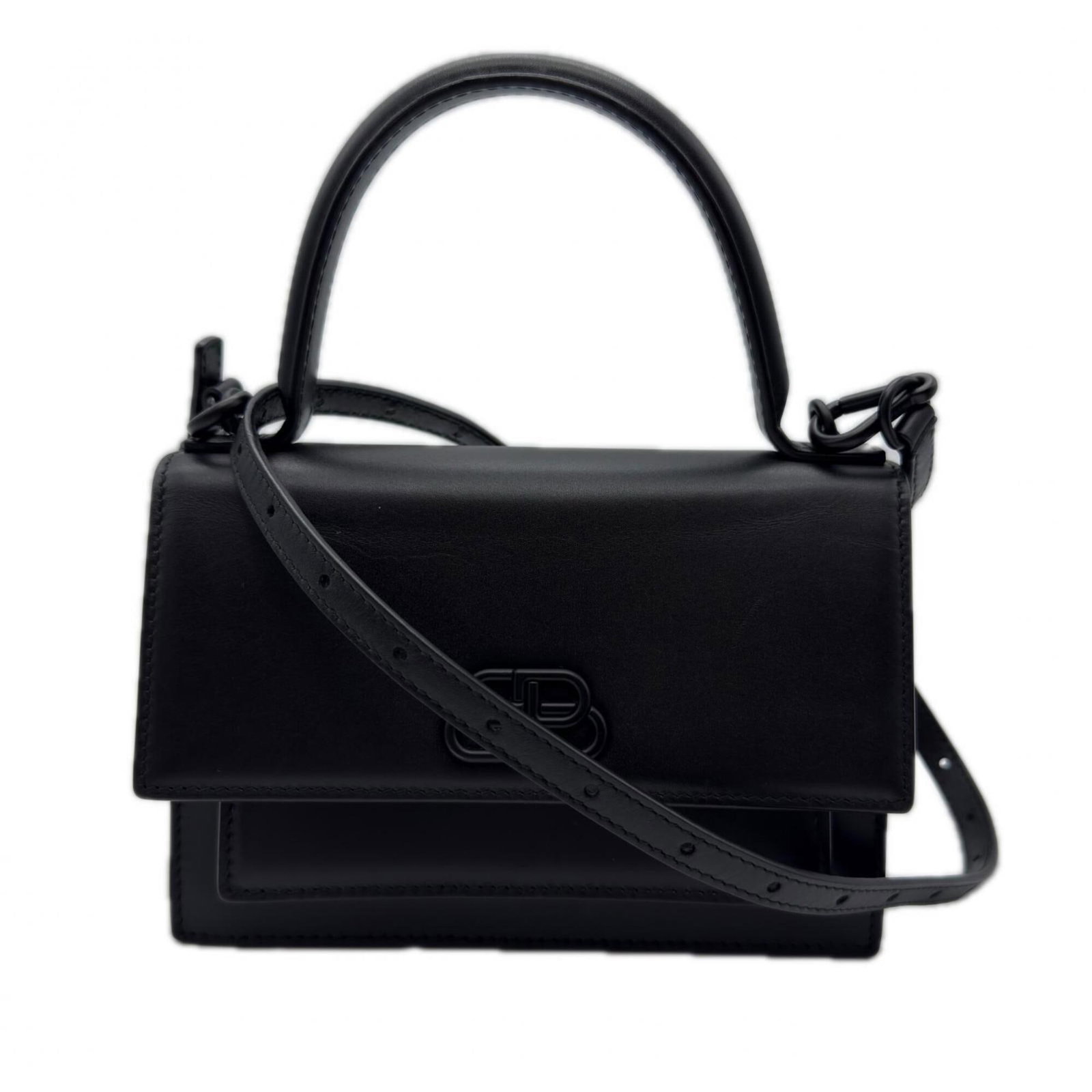 Handbag Leather Balenciaga: Handbag Leather Balenciaga Black leather Balenciaga handbag with a flap closure, measuring 13cm x 18.5cm x 6cm, features a 24cm long handle and 116cm long strap. Made from high-quality calfskin