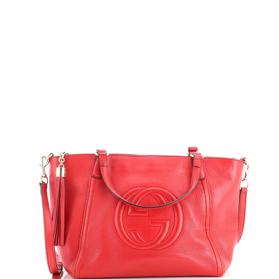 Small leather handle top bag convertible Gucci Soho: Small leather handle top bag convertible Gucci Soho Small leather handle top bag convertible Gucci Soho in red exterior, featuring a neutral interior and gold tone hardware. The bag boasts a classic