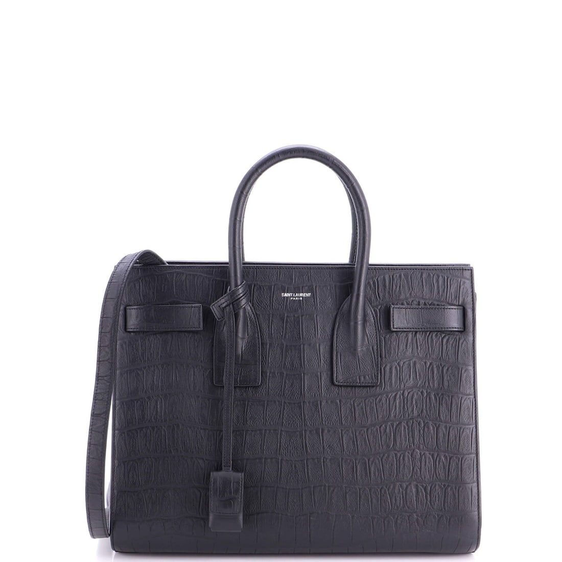 Sac de Jour Leather Small Crocodile Embossed NM Saint Laurent Bag: Sac de Jour Leather Small Crocodile Embossed NM Saint Laurent Bag Small Crocodile Embossed Leather Sac de Jour Bag from Saint Laurent, featuring black exterior with minor creases and silver hardware, 