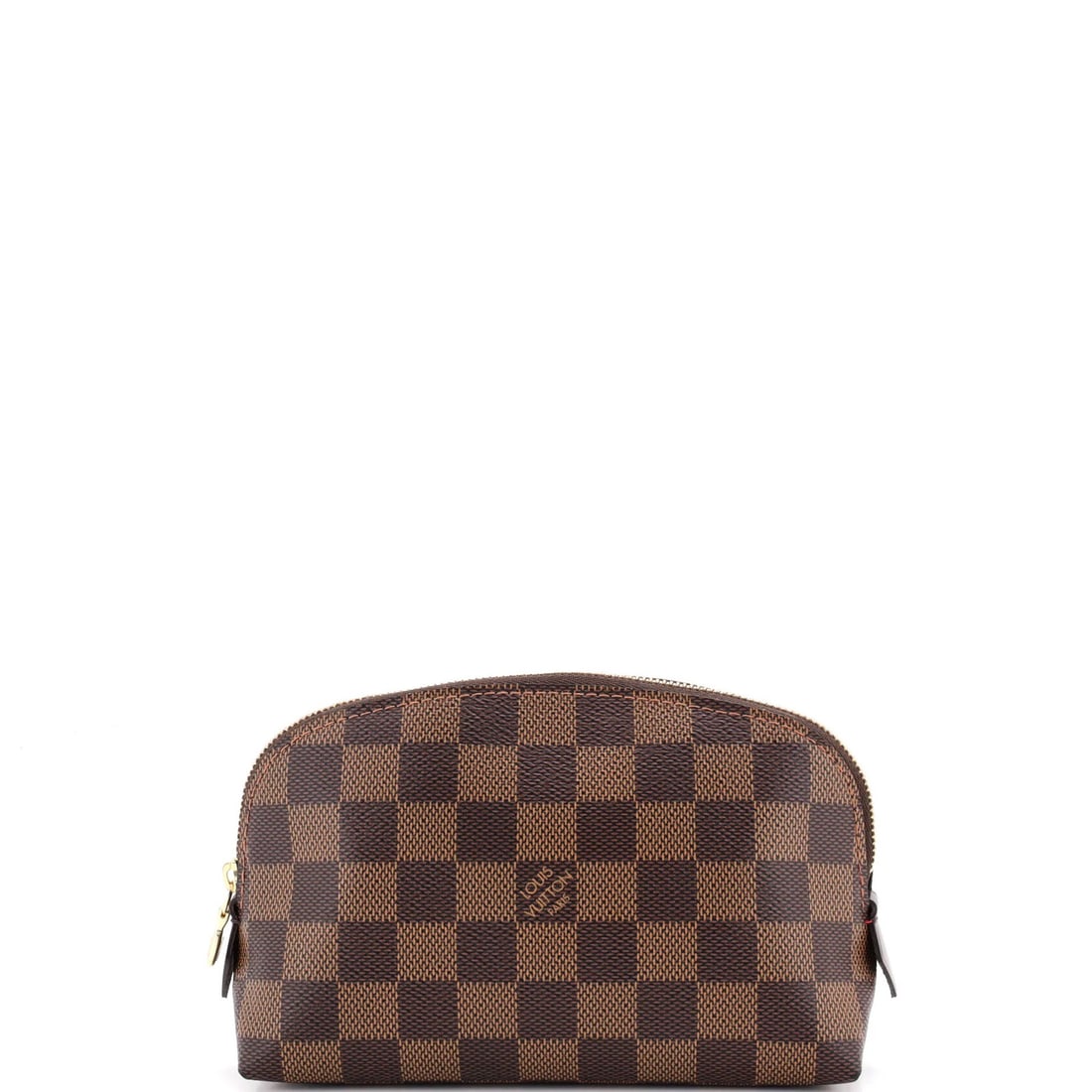 Vuitton Damier Cosmetic Pouch Louis: Vuitton Damier Cosmetic Pouch Louis Brown canvas coated Louis Vuitton Damier Cosmetic Pouch with red leather interior and gold hardware, measuring 4.5" x 6.5" x 2". The exterior features light creases