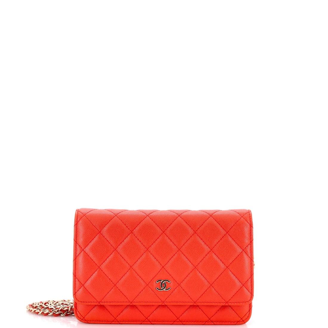 Quilted Wallet Chain Caviar: Quilted Wallet Chain Caviar The Quilted Wallet Chain Caviar boasts a vibrant orange exterior made from high-quality leather, adorned with quilted details that add a touch of sophistication. This styli
