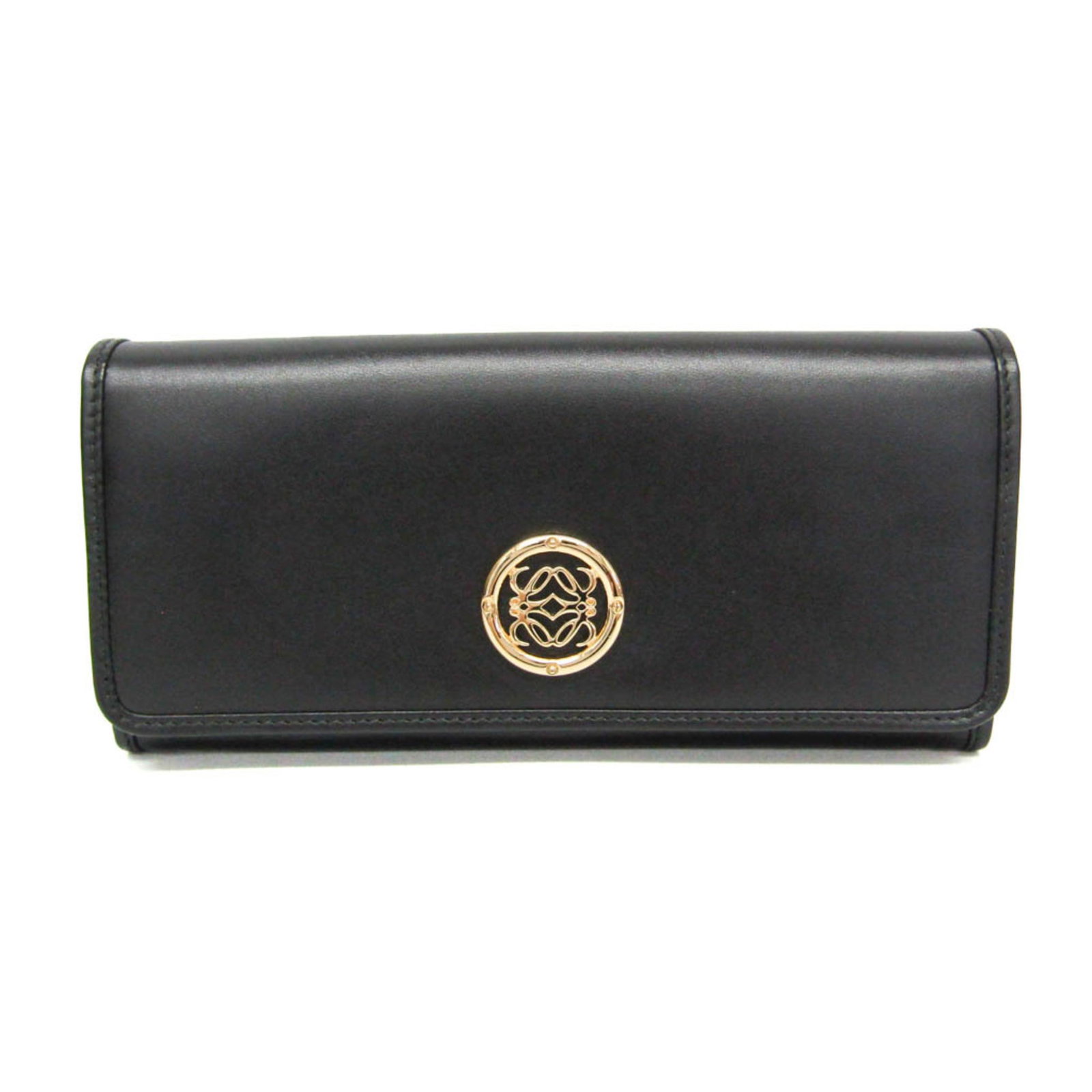 Leather Bi Fold Long Wallet: Leather Bi Fold Long Wallet Leather Bi Fold Long Wallet for Women, designed by Loewe, features a sleek black design with a flap closure and snap fastener. The wallet includes multiple pockets for orga