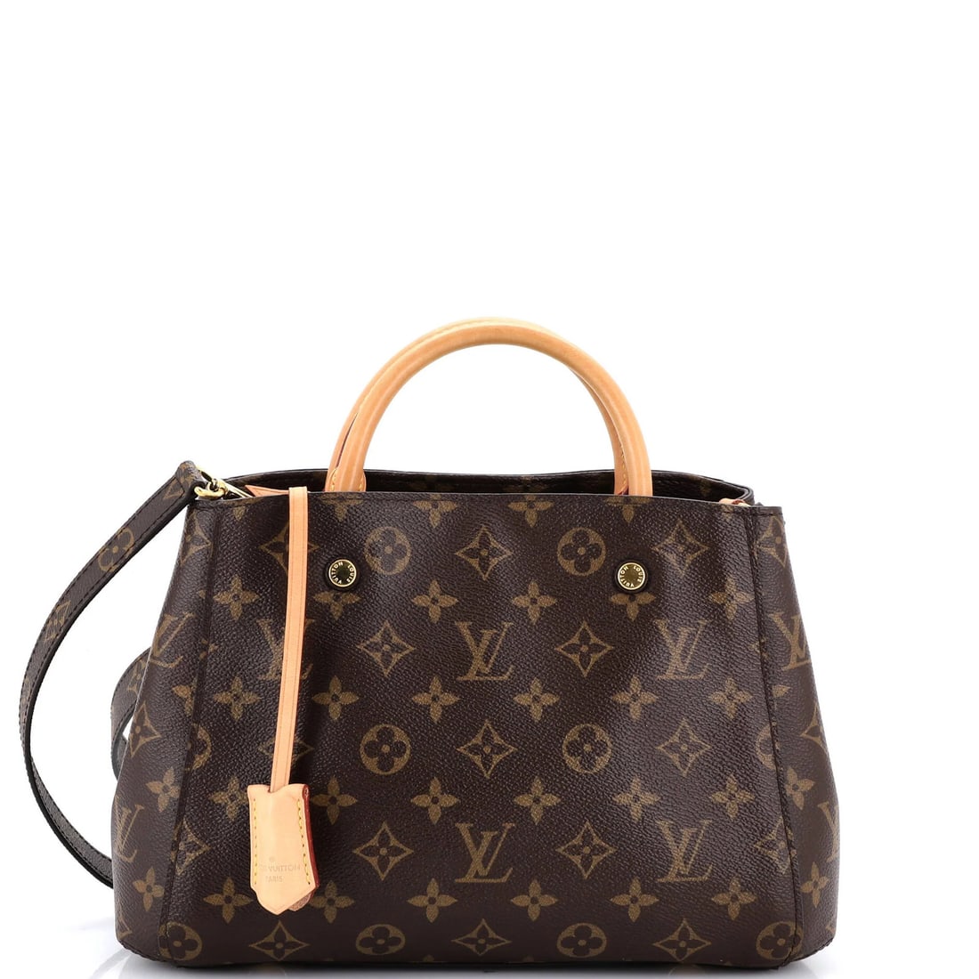 Montaigne Handbag Louis Vuitton Canvas Monogram BB: Montaigne Handbag Louis Vuitton Canvas Monogram BB Brown Louis Vuitton Canvas Monogram BB Top Handle Handbag with Rose Gold Hardware, featuring a classic design and timeless style. Measuring 8" x