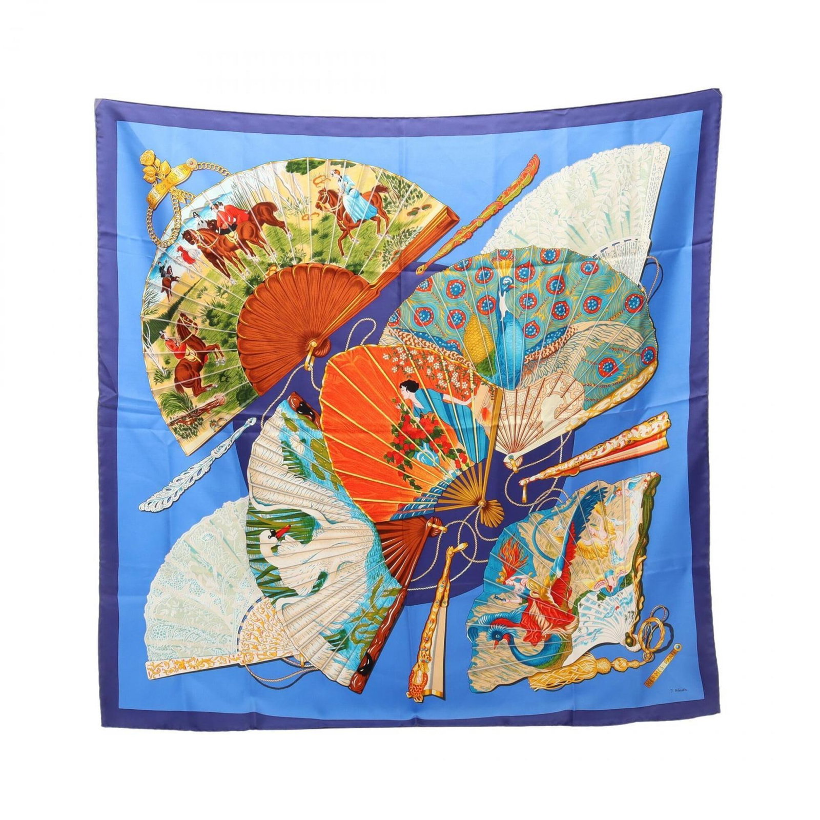 Silk Hermes Scarf: Silk Hermes Scarf Item Specifics: Brand: Hermes Type: Scarf Gender: Women Color: Blue, Multi-color Material: Silk Size (LxW): 88cm x 88cm / 34.64'' x 34.64'' Product Disclaimer: Minor wear from age