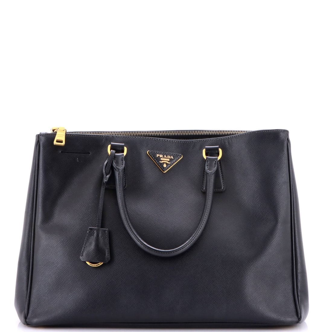 Saffiano Leather Double Tote Lux Prada Large: Saffiano Leather Double Tote Lux Prada Large Saffiano Leather Double Tote Lux Prada Large - A luxurious black tote with a spacious interior and gold hardware, featuring a sturdy Saffiano leather