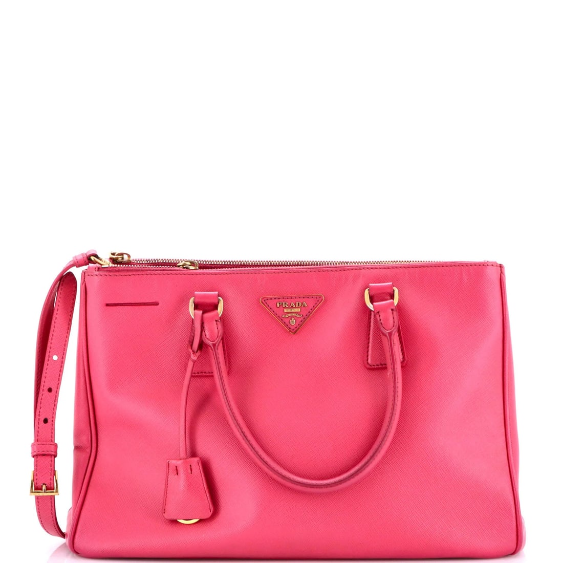 Saffiano Leather Lux Prada Double Medium Tote Zip: Saffiano Leather Lux Prada Double Medium Tote Zip Saffiano Leather Lux Prada Double Medium Tote Zip is a stylish medium-sized tote with a pink exterior and interior. The bag features a double zip