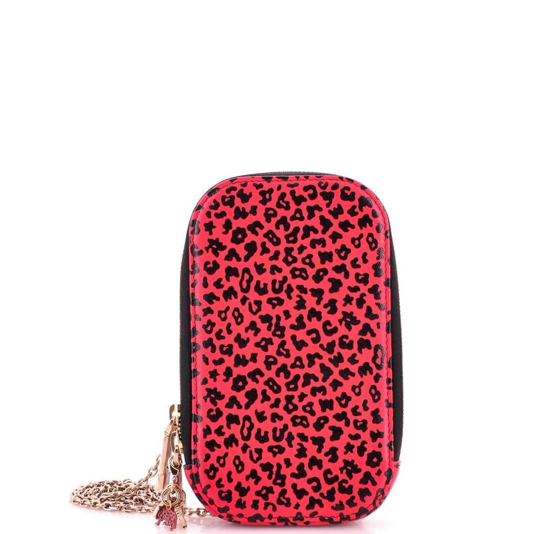 Christian Dior Lady Dior Phone Holder on Chain Printed Leather: Christian Dior Lady Dior Phone Holder on Chain Printed Leather The Christian Dior Lady Dior Phone Holder on Chain is a stylish accessory featuring a printed leather exterior with a gold chain strap.