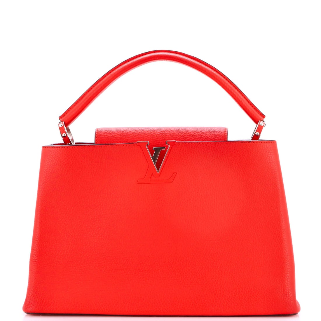 Louis Vuitton Capucines Bag Leather GM: Louis Vuitton Capucines Bag Leather GM Red Louis Vuitton Capucines Bag Leather GM in excellent condition, featuring a classic satchel design with a signature red exterior and gray interior. The bag