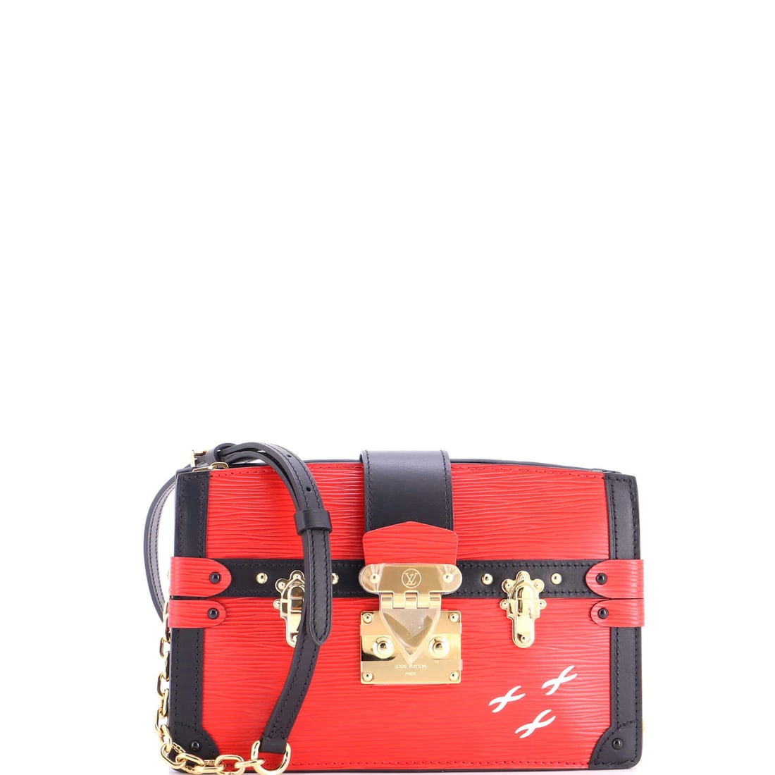 Epi Leather Trunk Clutch Louis Vuitton: Epi Leather Trunk Clutch Louis Vuitton The Epi Leather Trunk Clutch Louis Vuitton is a stunning red cross body bag with a neutral interior and gold hardware. Measuring 6" in height, 8.5" in width,