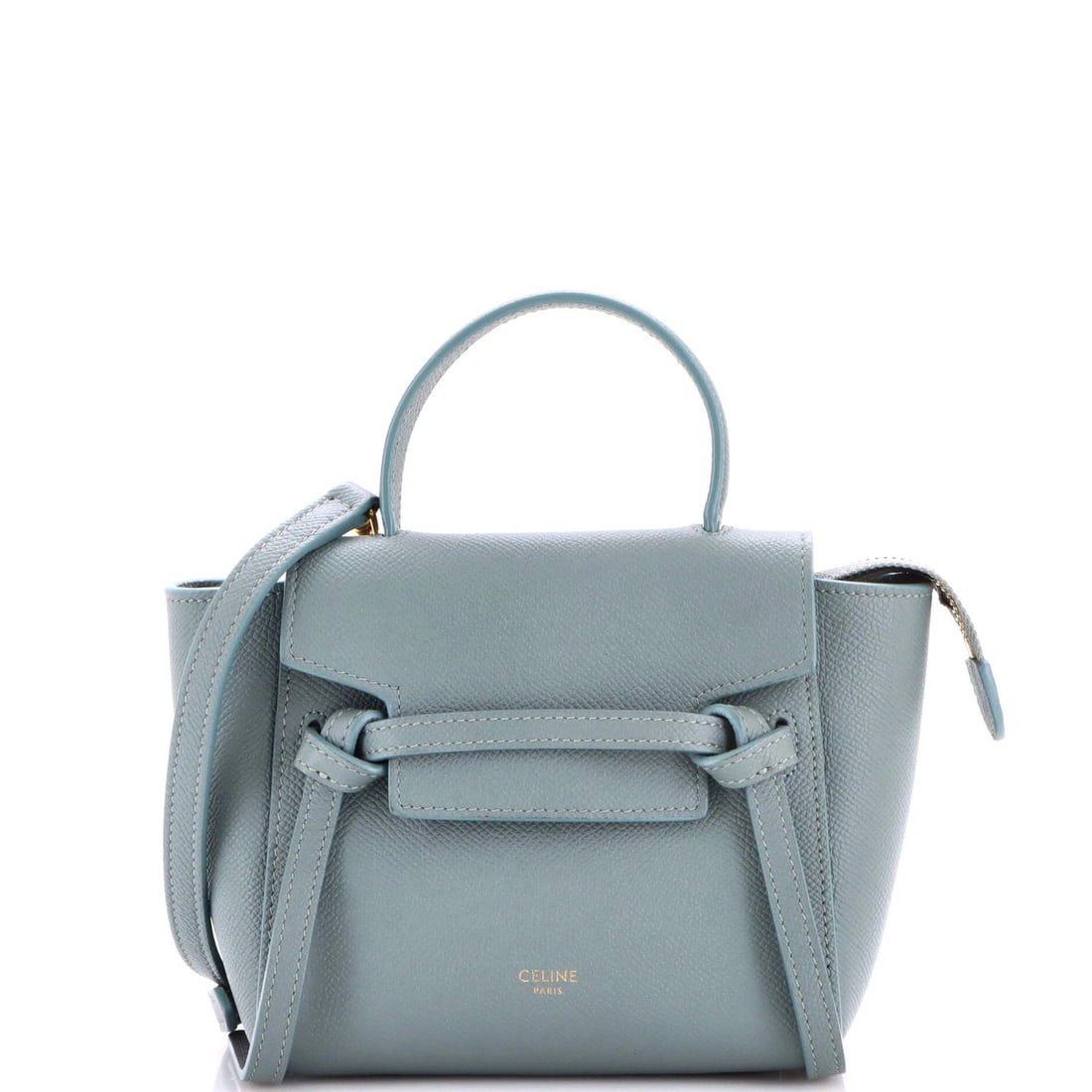Pico Textured Leather Belt Bag Celine: Pico Textured Leather Belt Bag Celine Pico Textured Leather Belt Bag from Celine, featuring a unique green exterior with suede interior, gold hardware, and a sturdy design. Measuring 5.5" tall, 8"