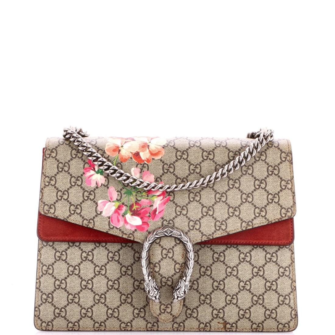 Gucci Dionysus Bag Blooms Print GG Coated Canvas Medium: Gucci Dionysus Bag Blooms Print GG Coated Canvas Medium Burgundy and brown hues blend in this Gucci Dionysus Bag Blooms Print GG Coated Canvas Medium, featuring a canvas-coated suede exterior with