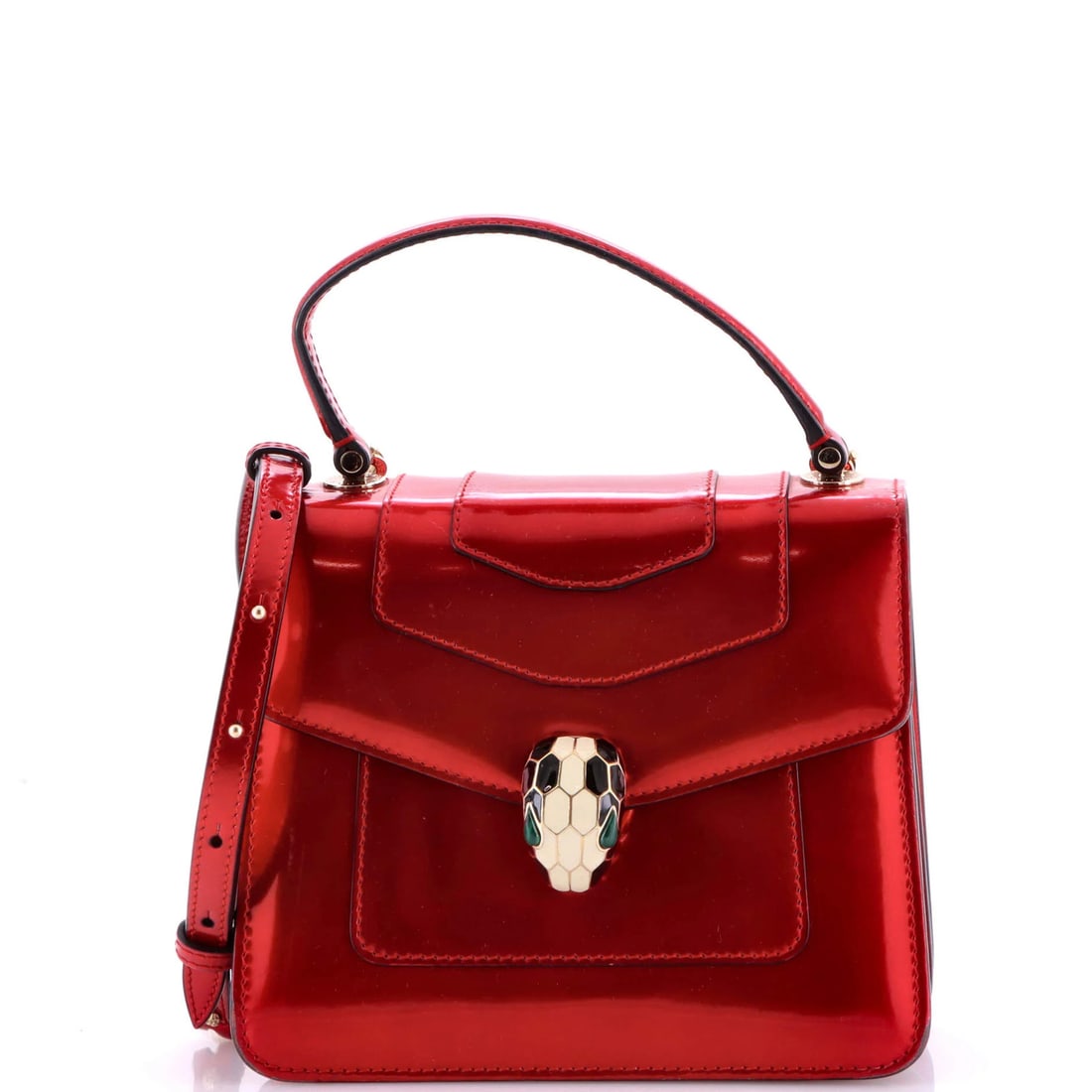 Serpenti Patent Small Bvlgari Top Handle Bag: Serpenti Patent Small Bvlgari Top Handle Bag The Serpenti Patent Small Bvlgari Top Handle Bag boasts a striking red patent leather exterior, adorned with a gold tone mirror and strap, adding a touch