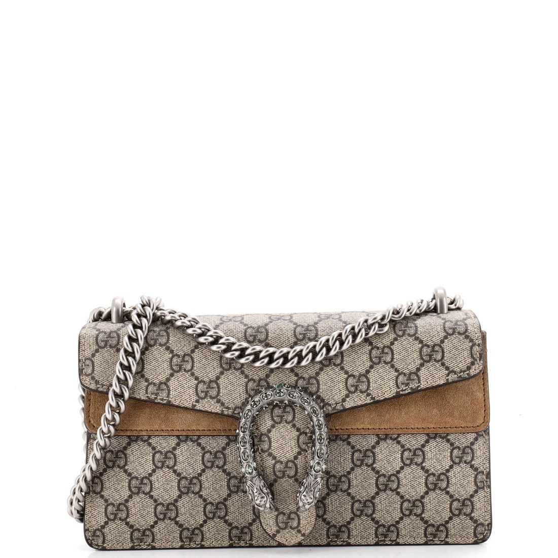 Gucci GG Coated Canvas Small Bag Dionysus Embellished with Crystal Metal: Gucci GG Coated Canvas Small Bag Dionysus Embellished with Crystal Metal Brown GG Coated Canvas Small Dionysus Bag with Crystal Metal Embellishments. This Gucci small shoulder bag features a canvas ex