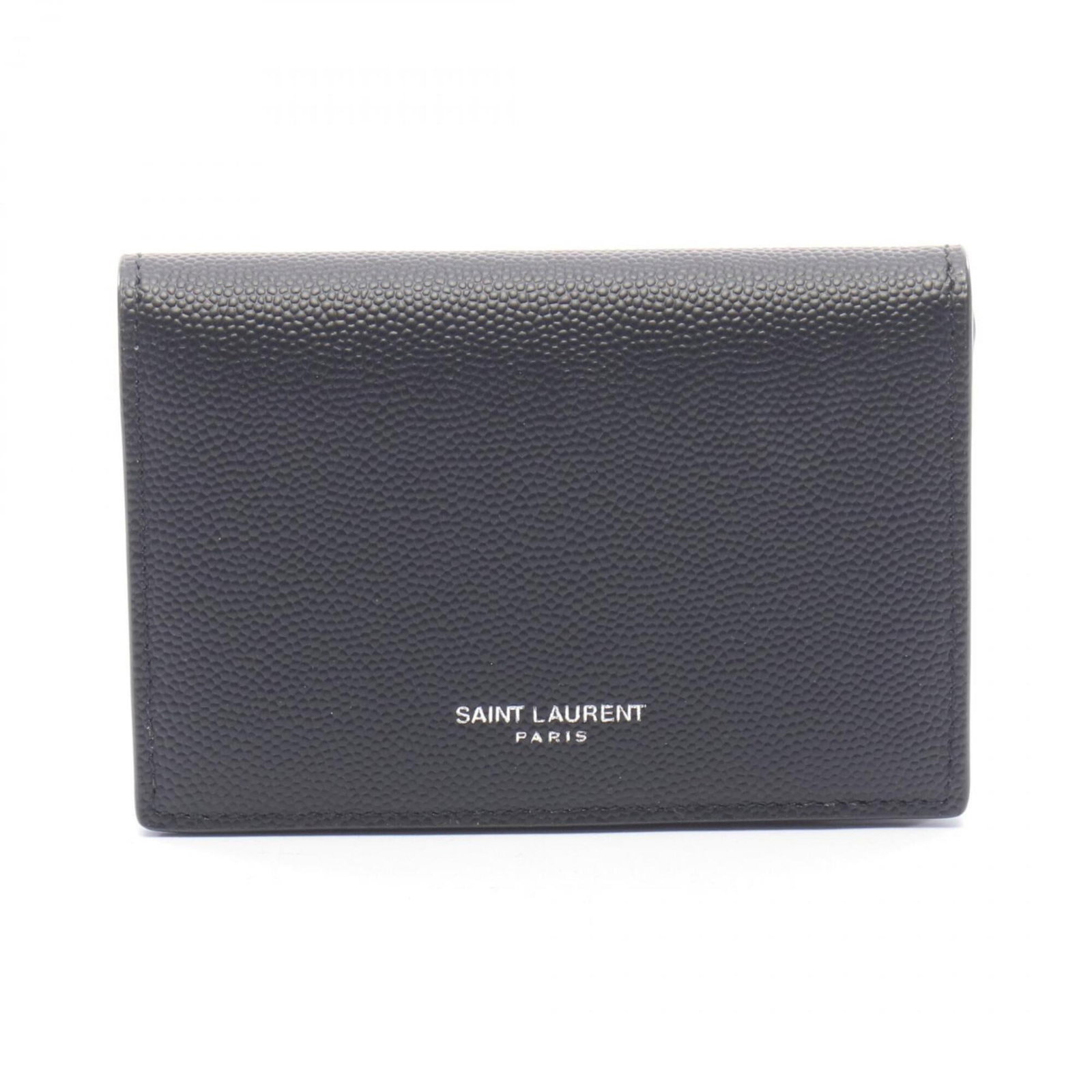 Laurent Saint Card Case Leather: Laurent Saint Card Case Leather Black leather card case from Saint Laurent, measuring 7.5cm x 11cm x 2.5cm, bearing a signature. Made from high-quality leather, this card case features a sleek design 