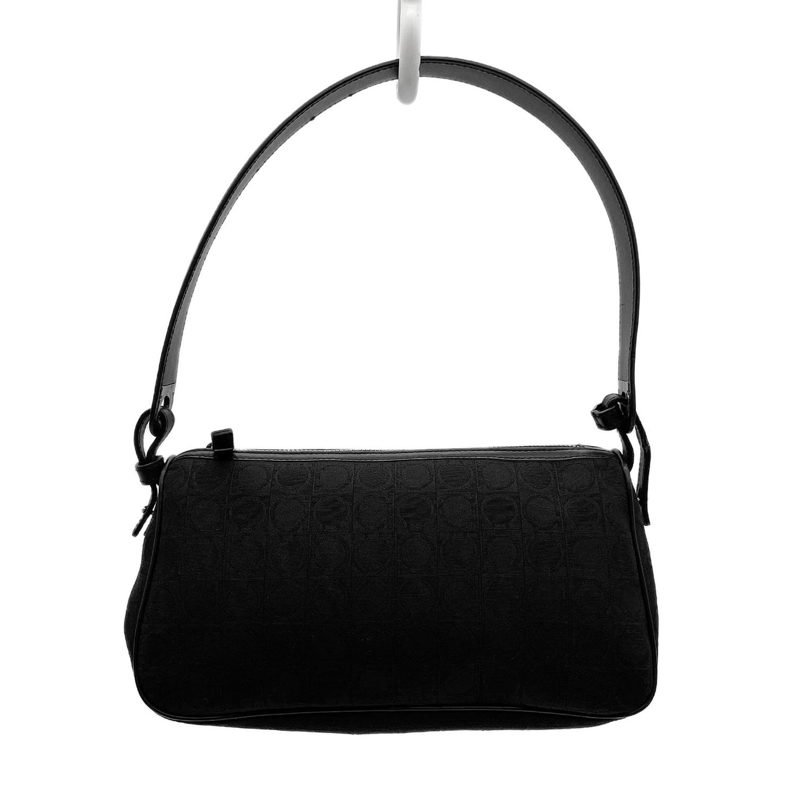 Ferragamo Leather Canvas Pouch Handbag Salvatore: Ferragamo Leather Canvas Pouch Handbag Salvatore Black canvas and leather Salvatore Ferragamo pouch handbag with a sleek 13cm x 23.5cm x 9cm size. This stylish accessory features a classic design