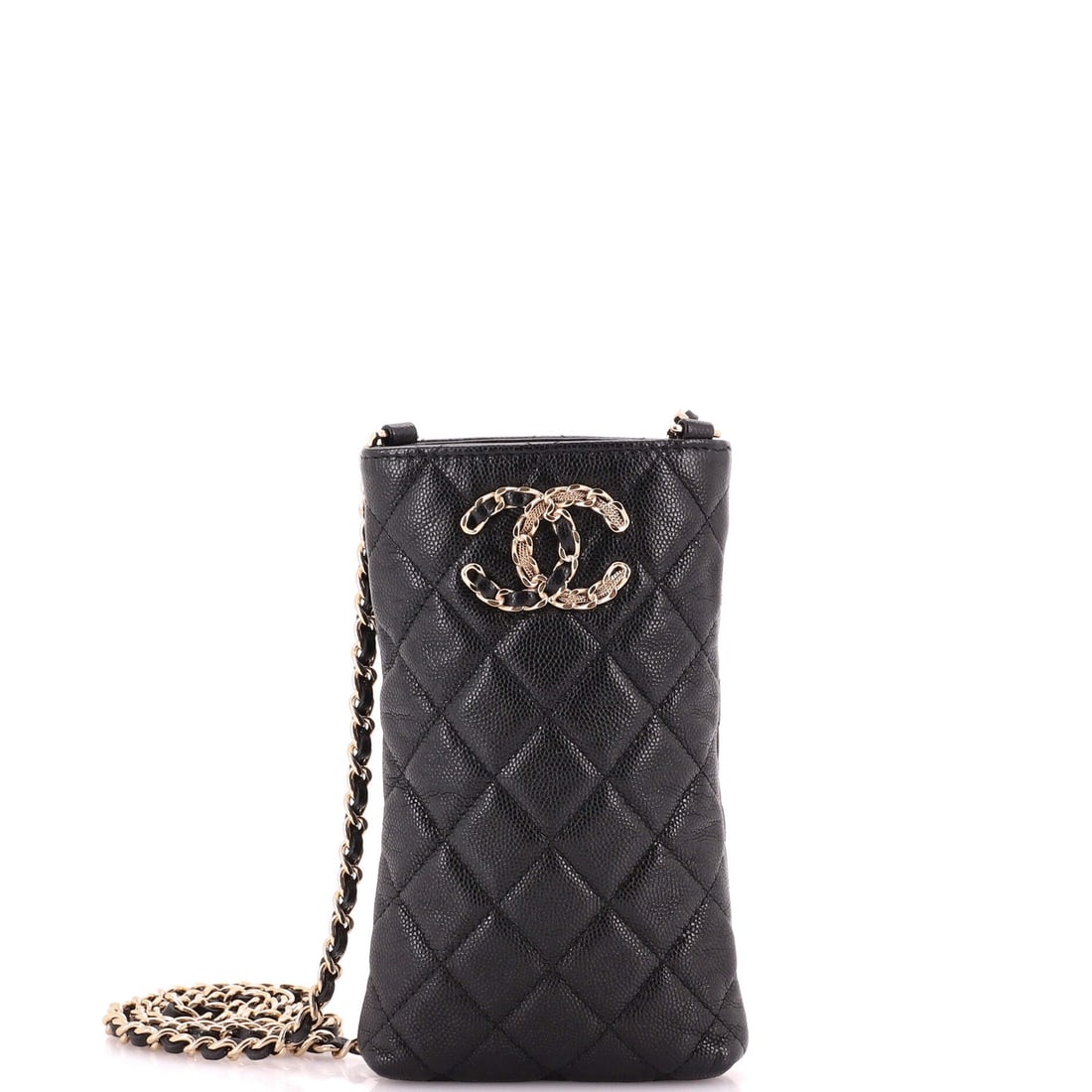 Chanel Quilted Caviar Phone Holder Crossbody Bag French New Wave: Chanel Quilted Caviar Phone Holder Crossbody Bag French New Wave Black quilted caviar leather crossbody bag with a French New Wave design, featuring a phone holder and gold hardware. The bag measures 