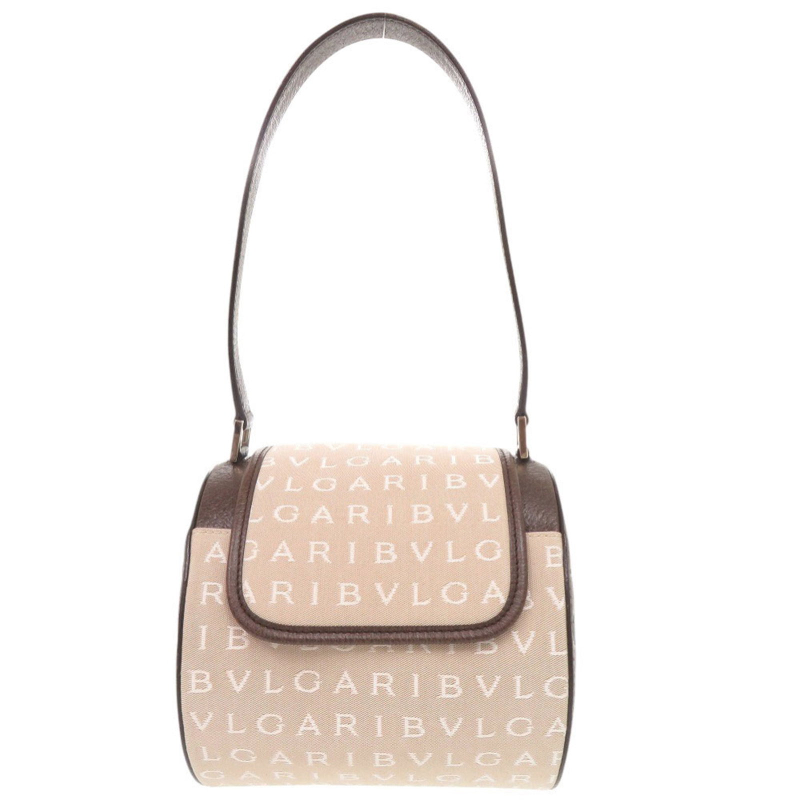 Canvas Handbag Leather Bag Shoulder Bvlgari: Canvas Handbag Leather Bag Shoulder Bvlgari Canvas and leather combine in a stylish Beige, Brown Bvlgari shoulder bag, measuring 15cm x 15.5cm. The canvas material and leather details add a touch of