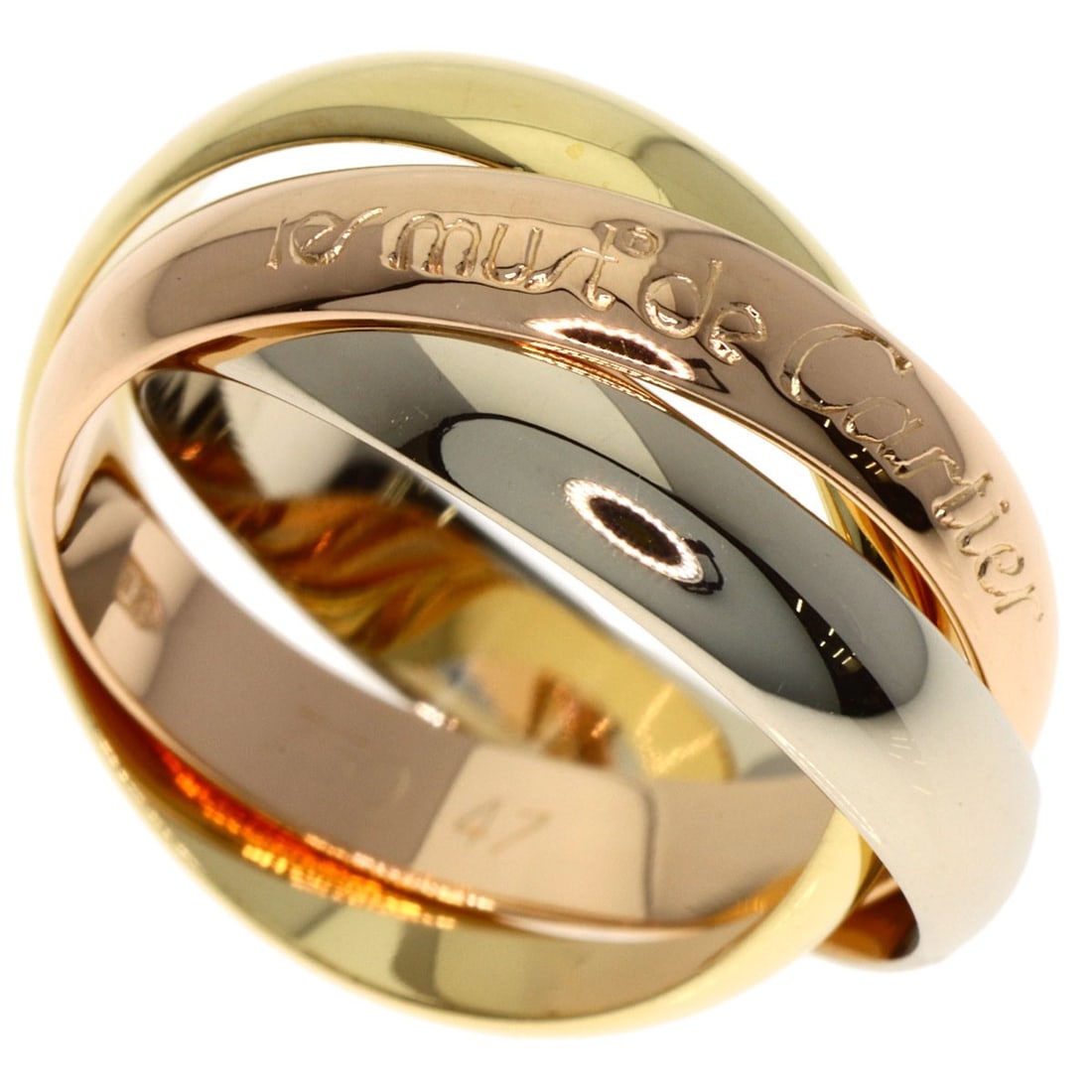 Cartier Trinity 47 Pink Gold K18 Yellow Ring: Cartier Trinity 47 Pink Gold K18 Yellow Ring Cartier's iconic Trinity 47 Pink Gold K18 Yellow Ring boasts a sleek, modern design with a signature gold hue. This K18 yellow gold masterpiece features a