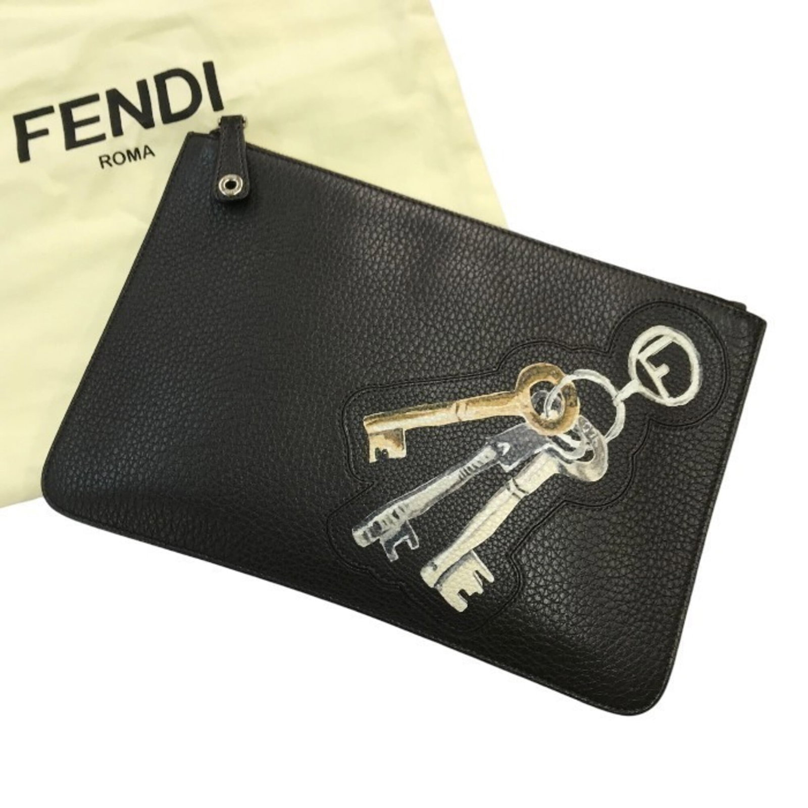 Fendi Bag Leather Clutch: Fendi Bag Leather Clutch 20cm x 30cm black leather clutch from Fendi, marked with serial number on body, bearing a signature. Made from high-quality leather, this clutch features a classic design