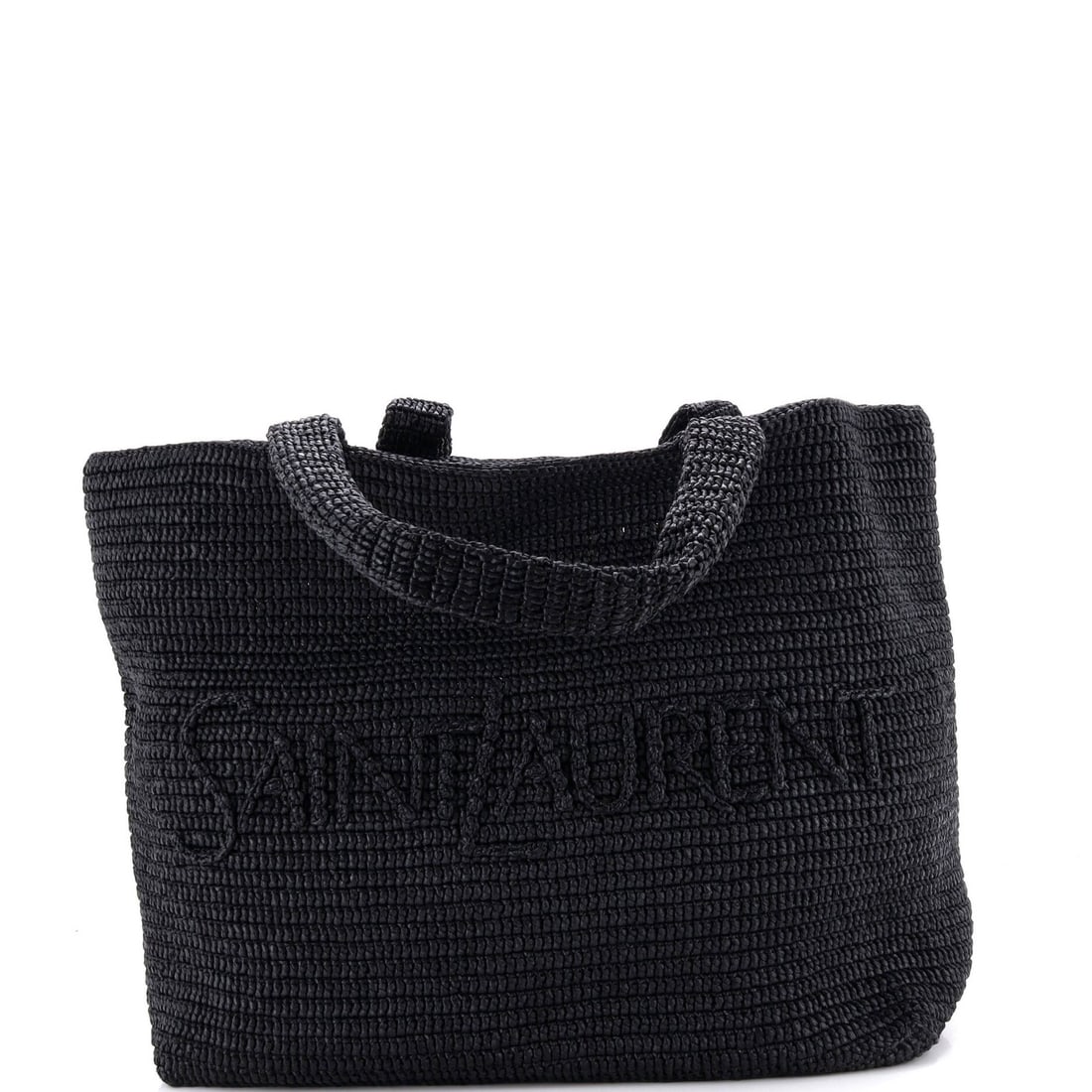 Supple Tote Embroidered Raffia Saint Laurent Logo: Supple Tote Embroidered Raffia Saint Laurent Logo Black supple leather interior, silver hardware, and a classic Saint Laurent logo make this raffia tote stand out. Measuring 13.5" tall, 16" wide, and
