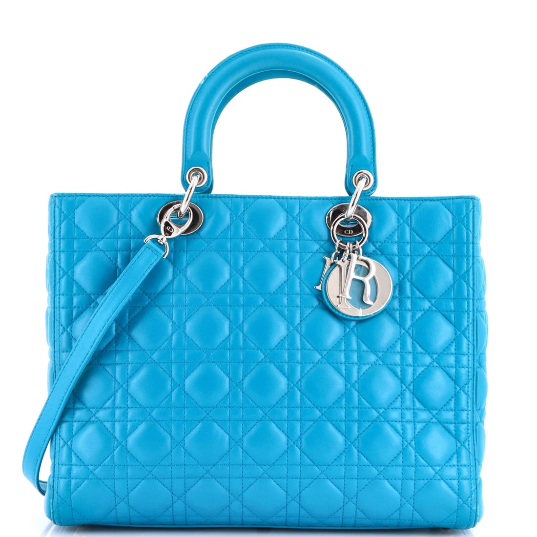 Lady Dior Bag Lambskin Cannage Quilt Large Christian Dior: Lady Dior Bag Lambskin Cannage Quilt Large Christian Dior Large Lady Dior Bag in Blue Lambskin Cannage Quilt Style, with Silver Hardware and Blue Interior, Measuring 10" High x 12.5" Wide x 4" Deep,