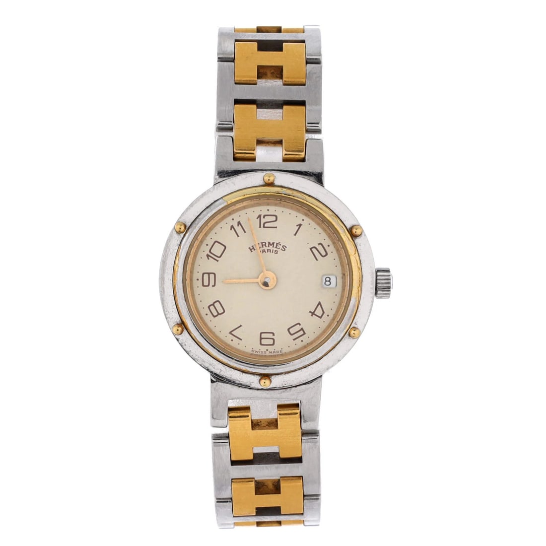 Hermes Quartz Watch with Stainless Steel Plated Metal: Hermes Quartz Watch with Stainless Steel Plated Metal Stainless steel with gold plating accents add a touch of luxury to this Hermes Quartz Watch, featuring a 24mm case size and 6mm height. The