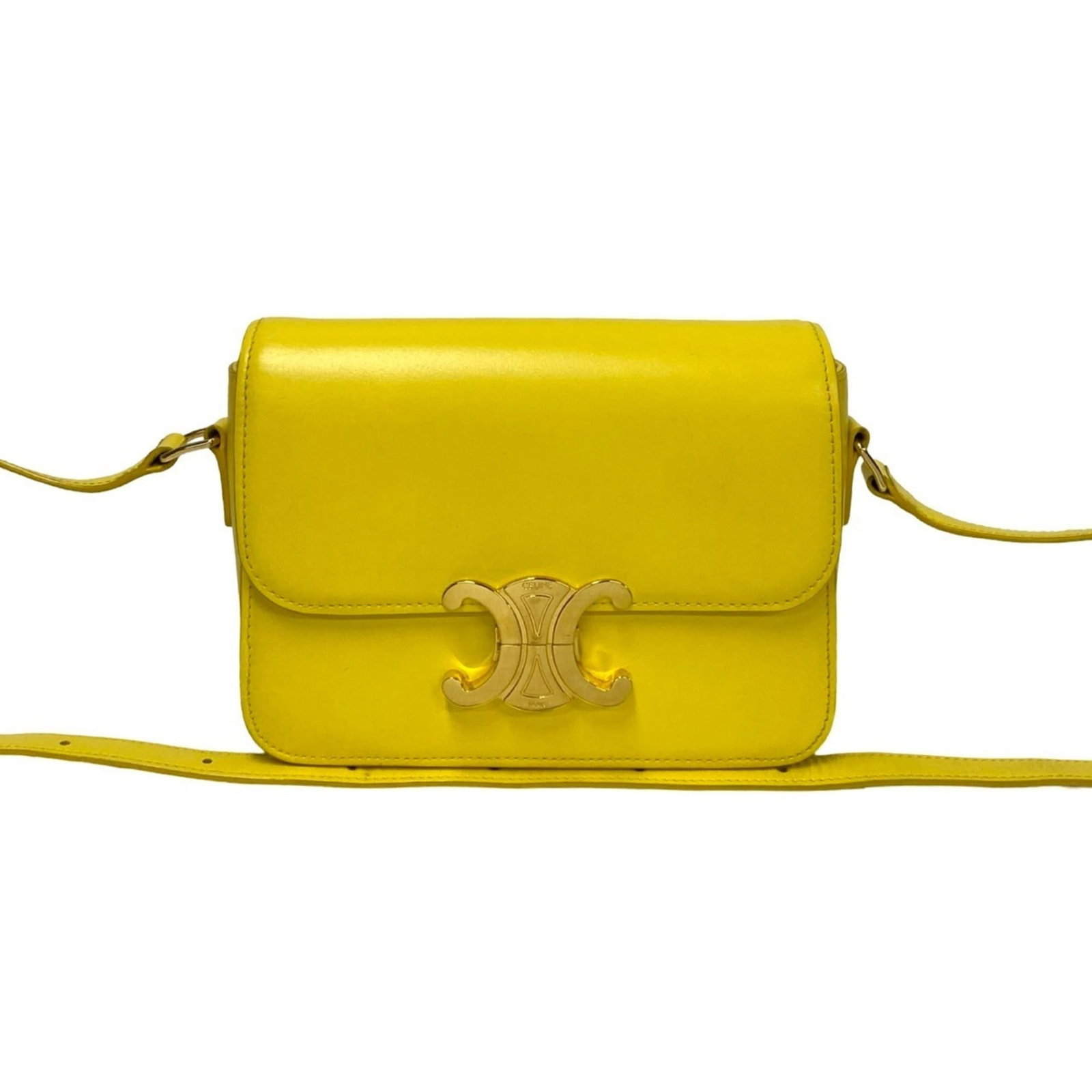 Celine Leather Shoulder Bag Pochette: Celine Leather Shoulder Bag Pochette Calfskin leather construction provides a luxurious feel, while the bright yellow color adds a pop of personality to any outfit. This Celine pochette features a cla