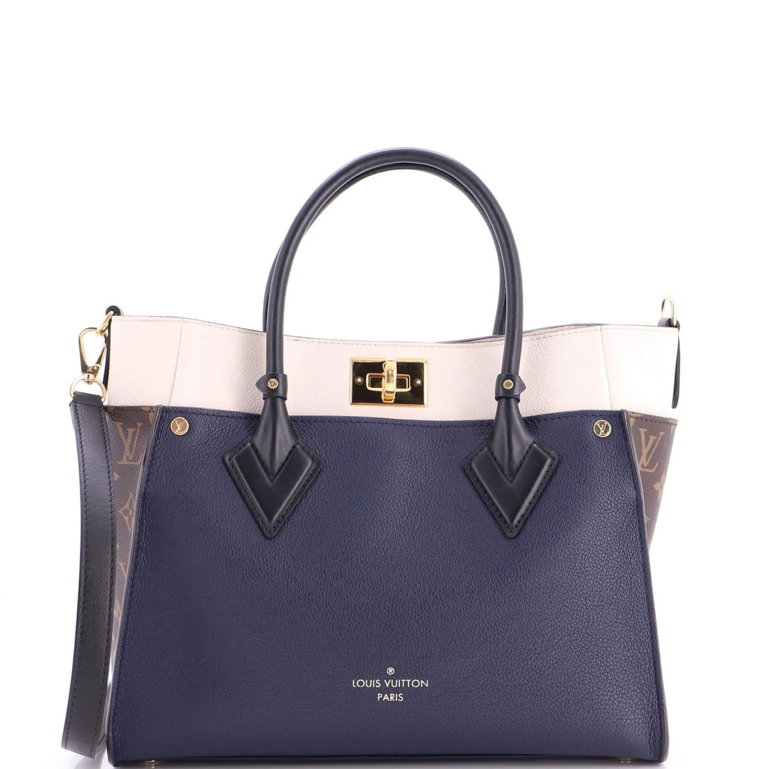 On My Side Tote Leather with Monogram Canvas MM: On My Side Tote Leather with Monogram Canvas MM Canvas Coated Leather exterior in a multicolor design, paired with a Monogram Canvas MM interior, makes this On My Side Tote a stylish and versatile