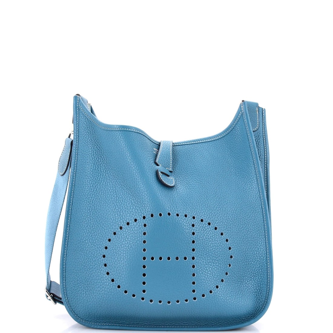 Evelyne Bag Gen III Clemence Hermes PM: Evelyne Bag Gen III Clemence Hermes PM The Evelyne Bag Gen III Clemence PM from Hermes is a stylish cross body bag with a blue exterior and interior, featuring palladium hardware. Measuring 10.5"