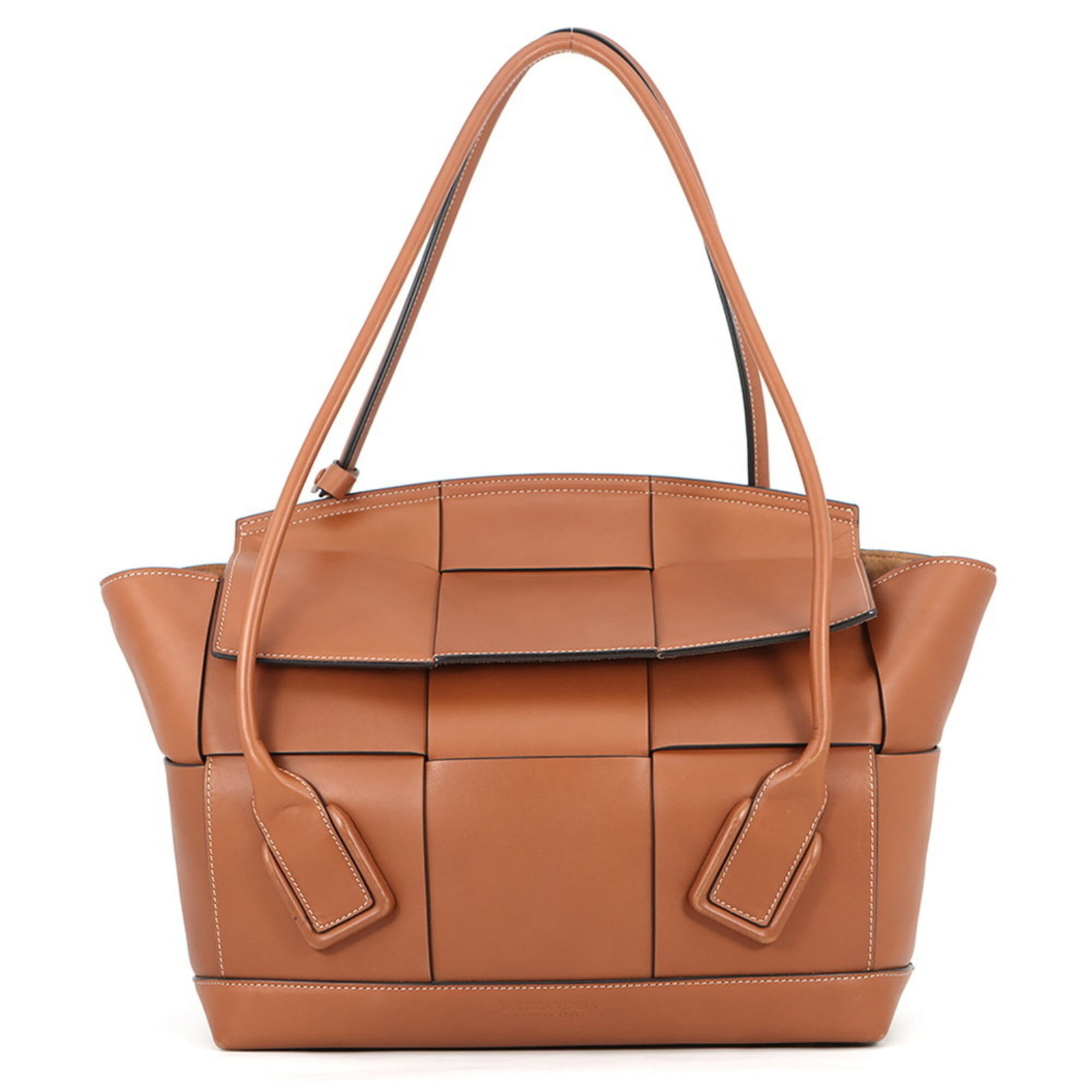 Intrecciato Tote Bag Handbag Bottega Veneta: Intrecciato Tote Bag Handbag Bottega Veneta Intrecciato woven in rich brown, this Bottega Veneta tote bag boasts a timeless design with a gold-toned flap closure and two functional pockets. The bag's