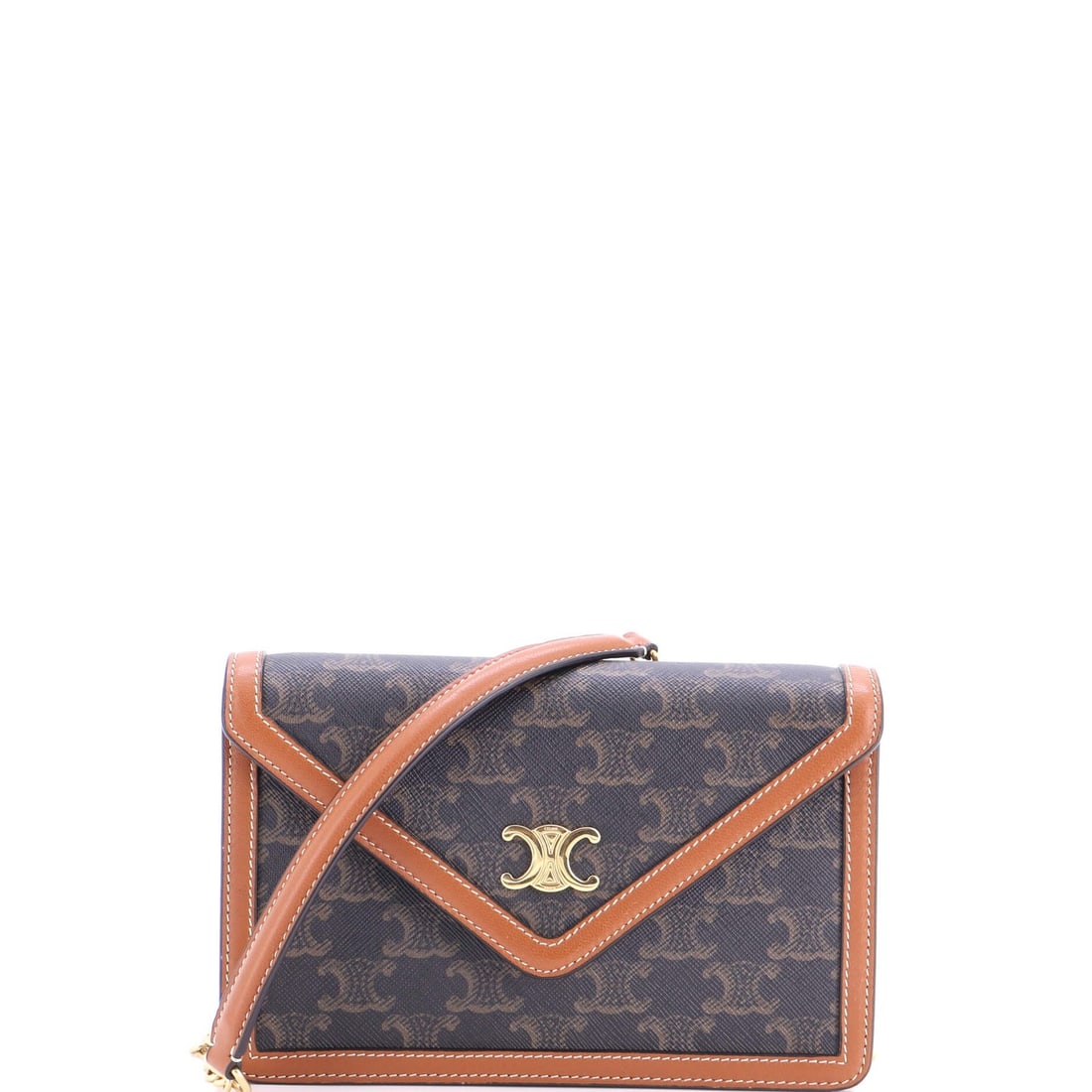 Celine Triomphe Envelope Flap Wallet on Chain Triomphe Coated Canvas: Celine Triomphe Envelope Flap Wallet on Chain Triomphe Coated Canvas Brown Celine Triomphe Envelope Flap Wallet on Chain Triomphe Coated Canvas, featuring a classic envelope flap design and gold hardw