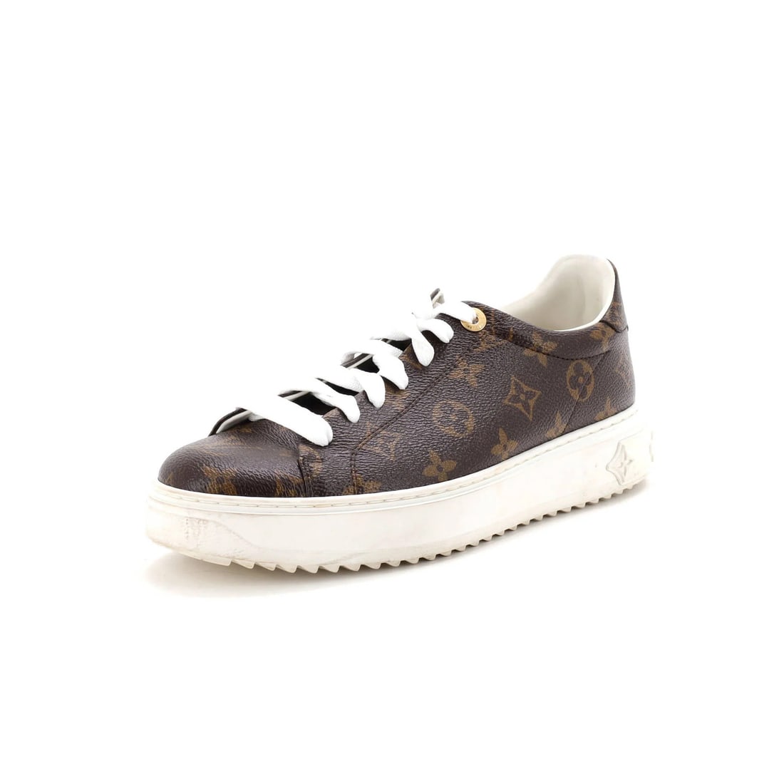 Women's Monogram Canvas Sneakers Out Time Vuitton Louis: Women's Monogram Canvas Sneakers Out Time Vuitton Louis Women's Louis Vuitton Time Out Monogram Canvas Sneakers in Brown, featuring a classic canvas coated exterior with a gold-toned logo and a sleek,