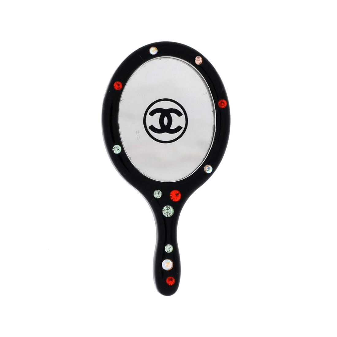 Crystal Embellished Mirror Brooch Chanel CC: Crystal Embellished Mirror Brooch Chanel CC Black Crystal Embellished Mirror Brooch with Tortoiseshell Exterior, featuring a unique crystal embellishment, measures 1.75" in height and 0.9" in width.