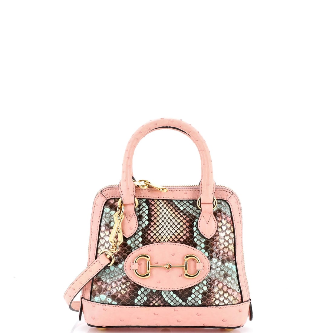 Gucci Horsebit Bag Python Top Ostrich Mini 1955: Gucci Horsebit Bag Python Top Ostrich Mini 1955 Ostrich and Python combination in a classic Gucci design, the Horsebit 1955 Top Handle Bag features a striking pink exterior with gold hardware. This mi