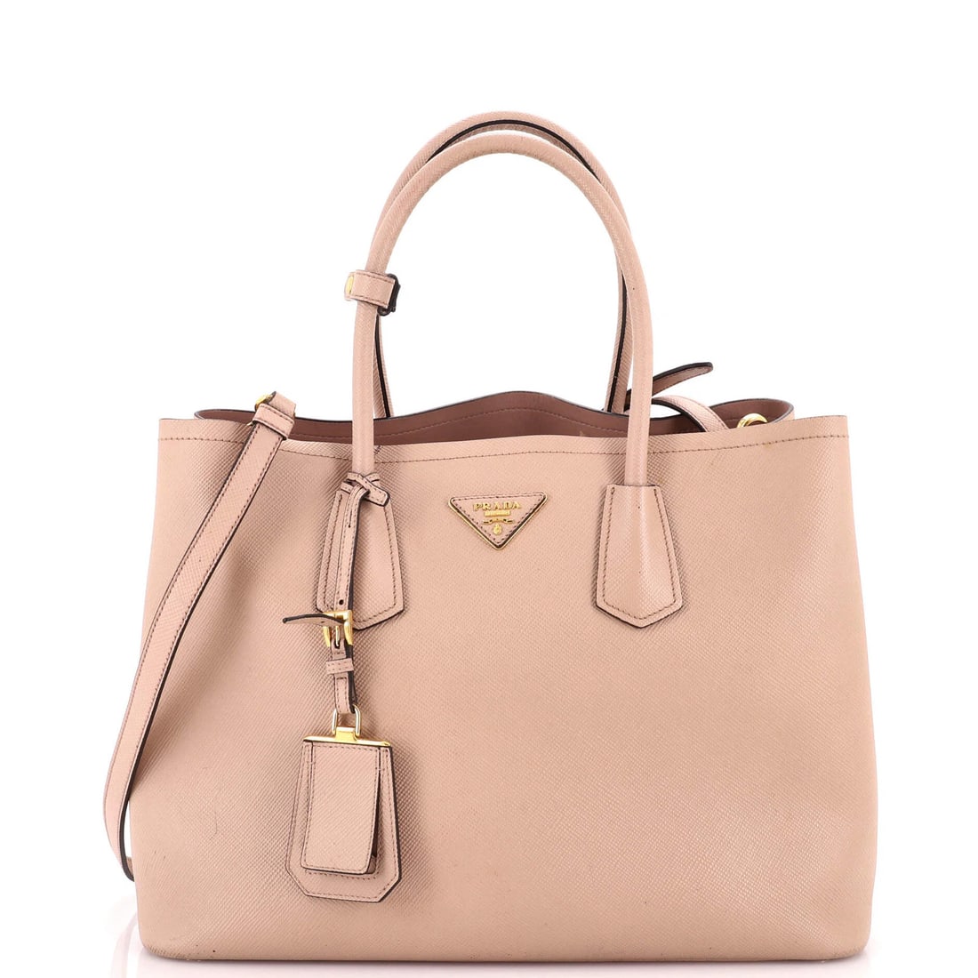 Saffiano Leather Cuir Tote Double Prada Medium: Saffiano Leather Cuir Tote Double Prada Medium Saffiano Leather Cuir Tote Double Prada Medium for sale. This medium-sized Prada Cuir Double Tote features Saffiano leather exterior with neutral color,