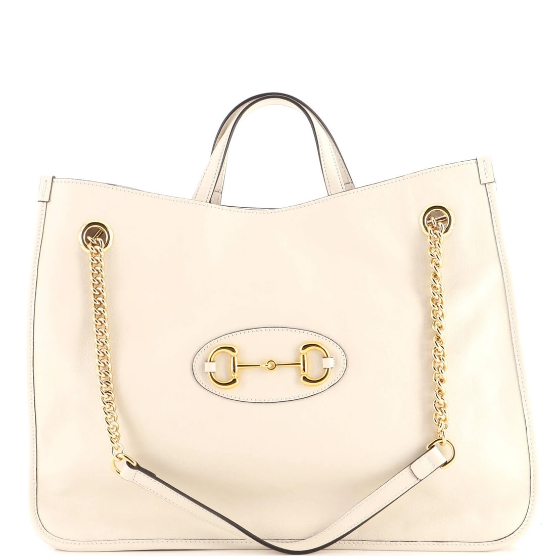 Large Leather Chain Tote Gucci 1955 Horsebit: Large Leather Chain Tote Gucci 1955 Horsebit This 1955 Gucci Horsebit Chain Tote is a timeless piece of luxury, boasting a sleek white leather exterior and neutral interior. The iconic Horsebit