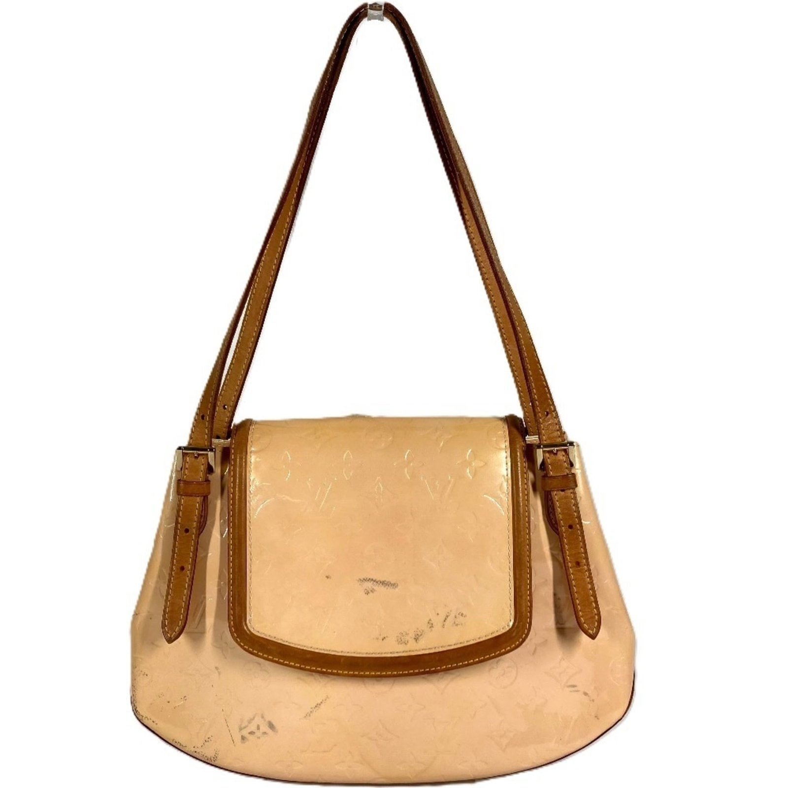 Shoulder Bag Monogram Louis Vuitton Tote Bag Vernis: Shoulder Bag Monogram Louis Vuitton Tote Bag Vernis Monogram Vernis details add a touch of elegance to this Louis Vuitton tote bag, featuring a unique Marshmallow and Pink color combination. The