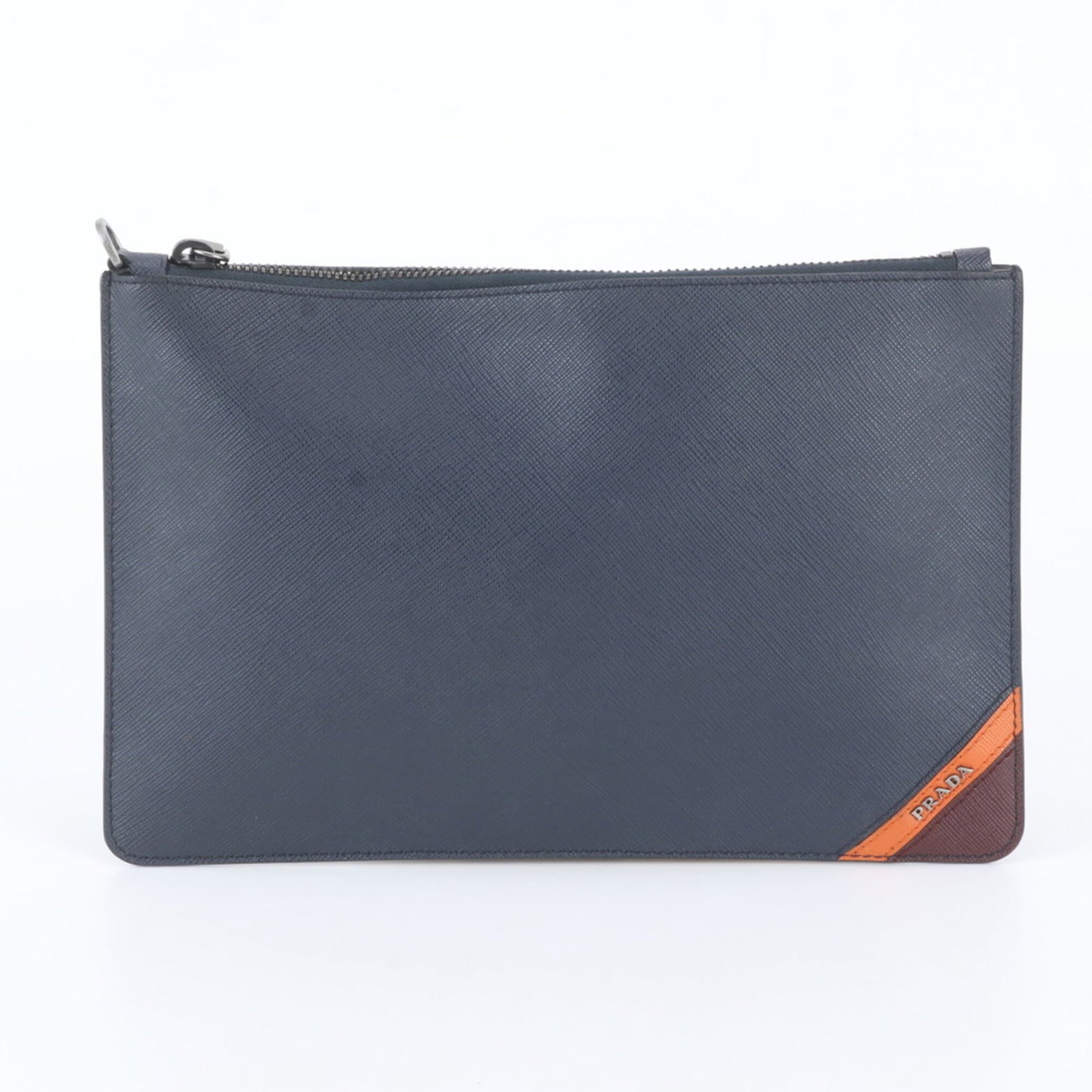 Pouch Clutch Bag Prada Leather: Pouch Clutch Bag Prada Leather Prada Leather Pouch Clutch Bag: A sleek and compact design, this navy and orange leather clutch measures 18cm x 27cm x 1cm, making it a stylish accessory for any occasio